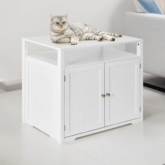 Demi Bonn 31" Wooden Hidden Cat Litter Box Enclosure Furniture, Cat Washroom with Storage Layer, Cat House for Large Cats, White