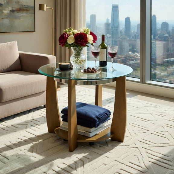 Demi Bonn 32" 2-Tier Round Glass Coffee Table - Tempered Glass Top, Storage Shelf, Lockable Wheels, Transparent & Walnut