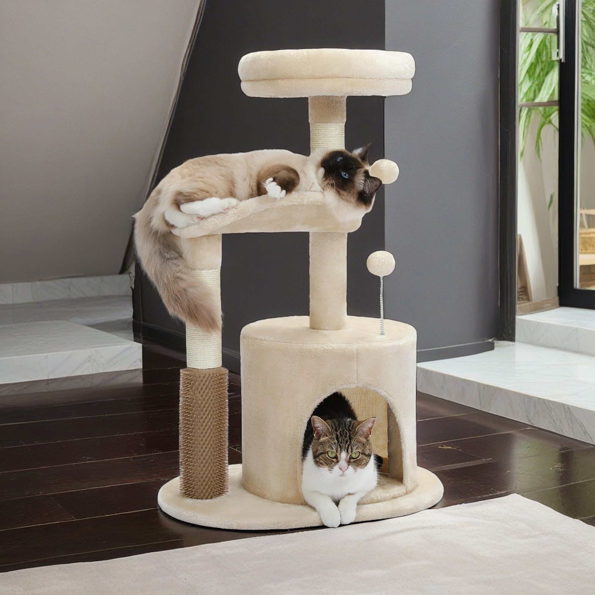 Kadyn 32.7" Cat Tree Tower for Indoor with Self Groomer Brush, Sisal Scratching Post, Dangling Ball for Small, Medium Cats, Beige