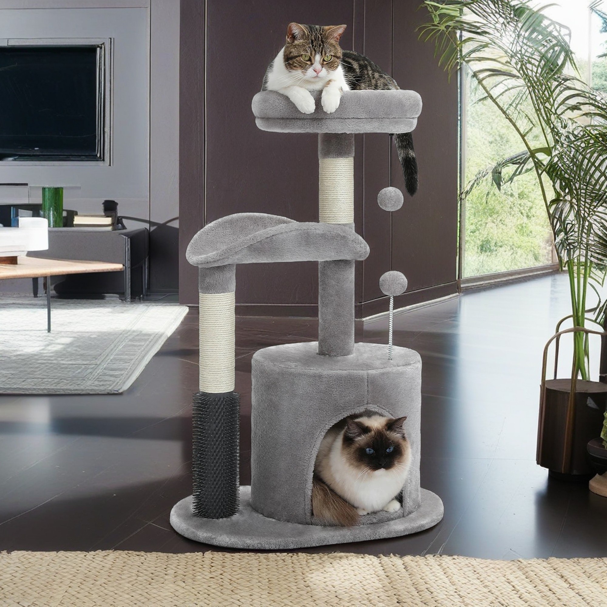 Kadyn 32.7" Cat Tree Tower for Indoor with Self Groomer Brush, Sisal Scratching Post, Dangling Ball for Small, Medium Cats, Gray
