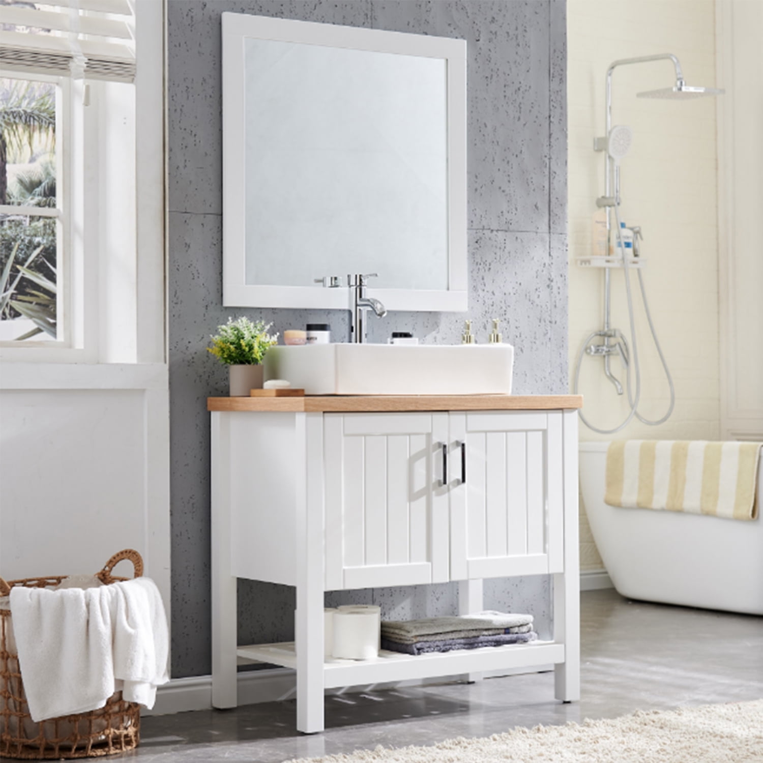 Demi Bonn 32" Bathroom Vanities Cabinet with Sink, Doors, Open Shelf and Mirror, Single Bathroom Vanity Cabinet, Faucets and Drains Not Included, White