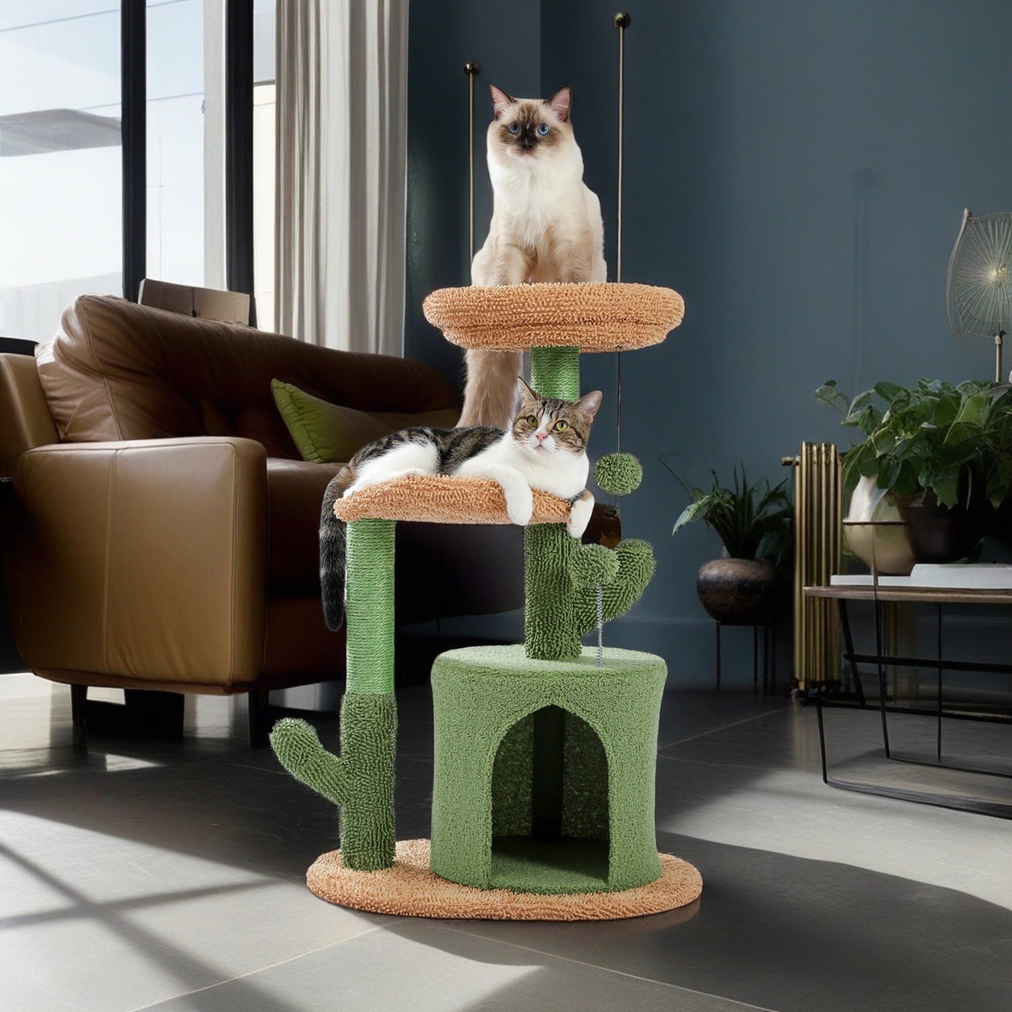 resenkos 32" Cactus Cat Tree Tower for Indoor with Cat Condo, Plush Perches, Sisal Scratching Post and Fluffy Balls for Small and Medium Cats, Green