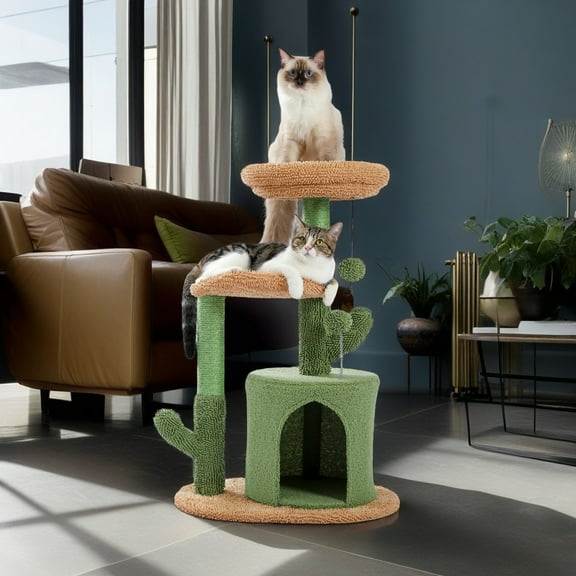 Demi Bonn 32" Cactus Cat Tree Tower for Indoor with Cat Condo, Plush Perches, Sisal Scratching Post and Fluffy Balls for Small and Medium Cats, Green