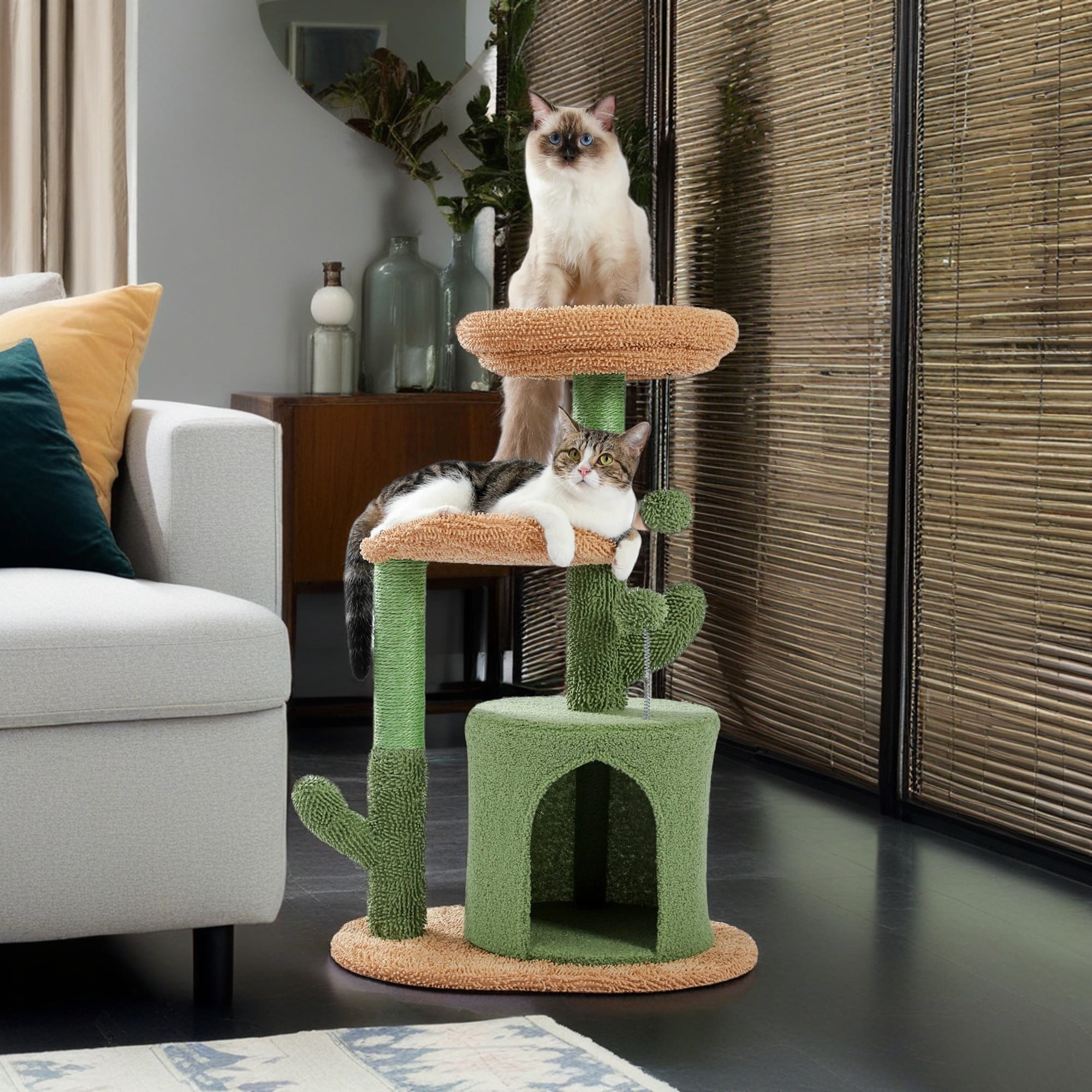 Kadyn 32" Cactus Cat Tree for Indoor Cat Tower with Cat Condo for Multiple Cats, Modern Cat Tree House for Small and Medium Cats, Green