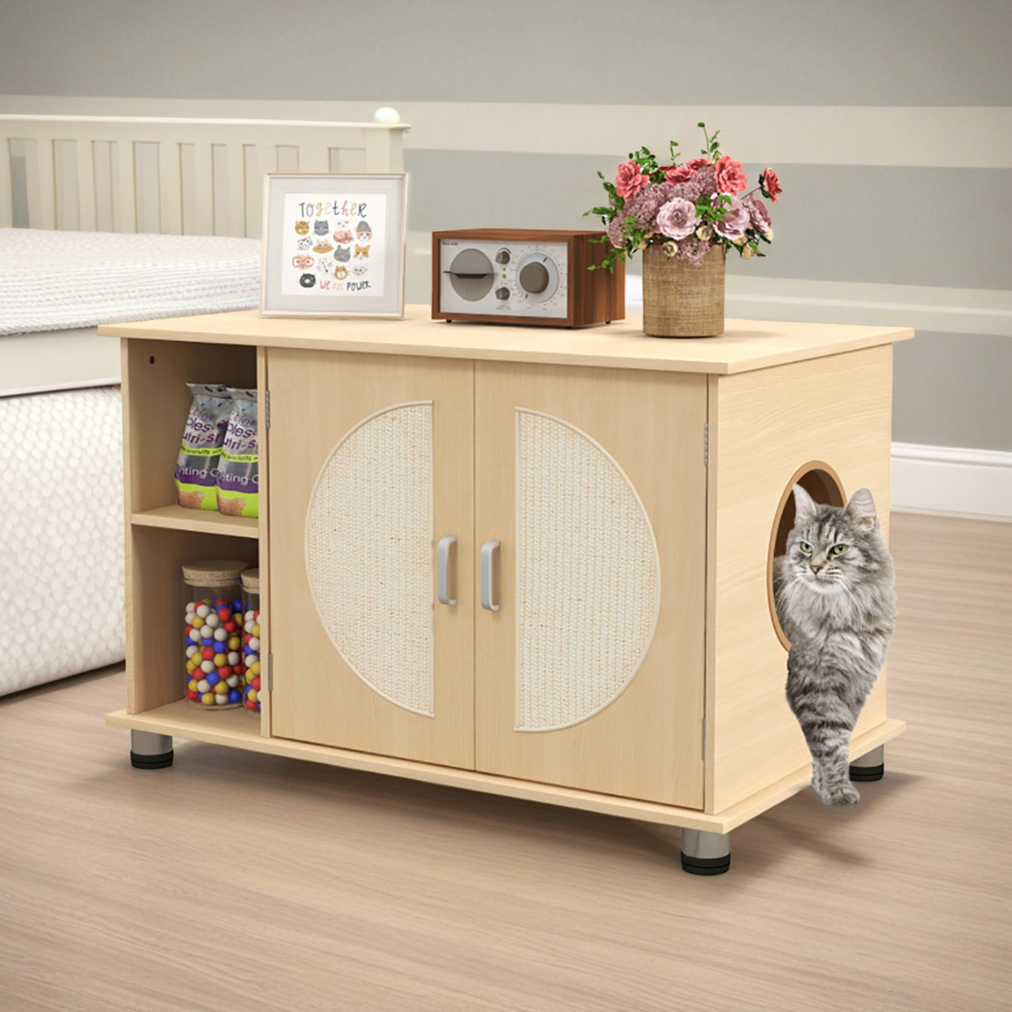 resenkos 32" Cat Litter Box Enclosure Furniture with Sisal Scratching Doors, Sturdy Wood Cat Washroom Storage, Fit Most of Litter Box, Beige