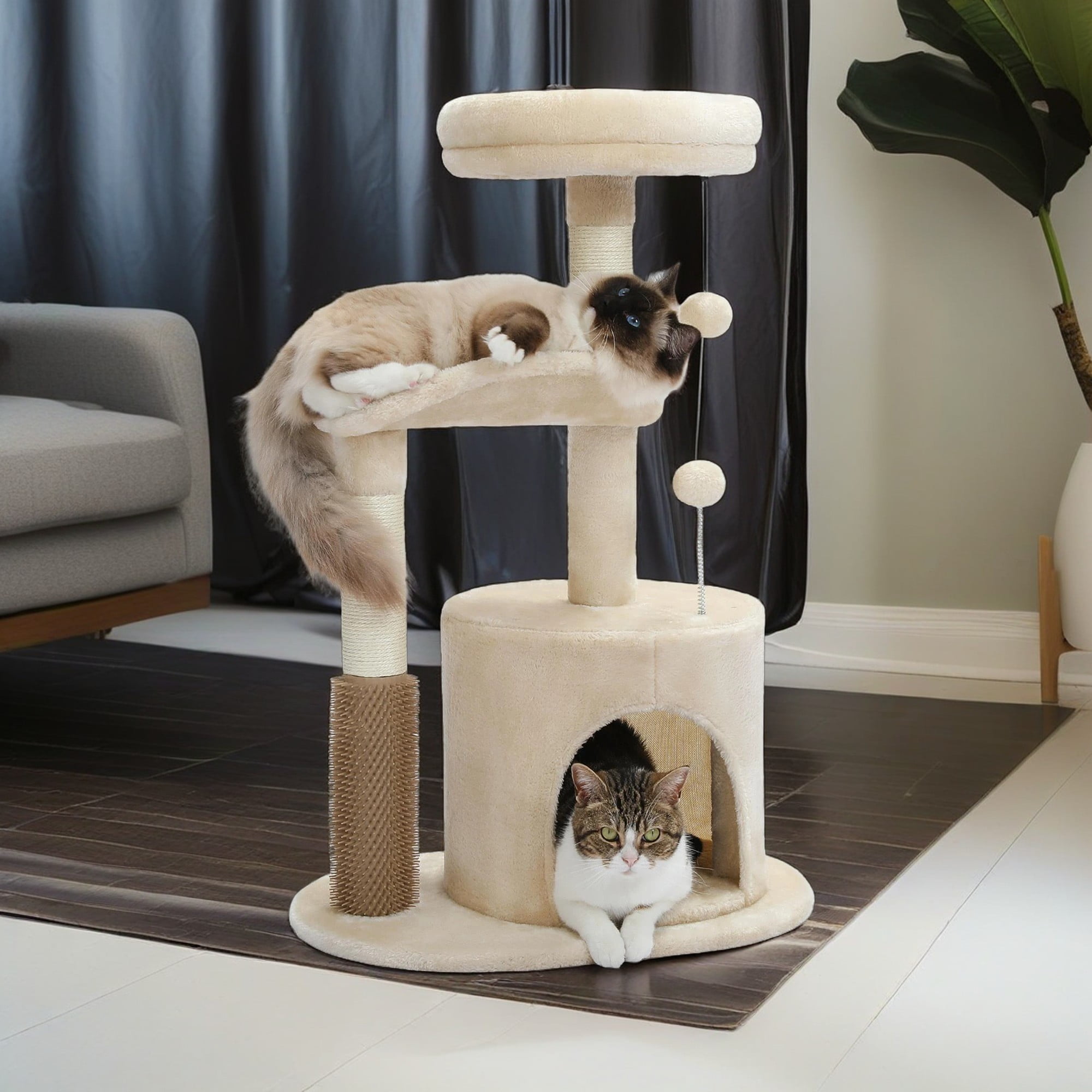 Kadyn 32" Cat Tree Indoor with Self Groomer Brush, Sisal Scratching Post, Dangling Ball, Wood Cat Condo Tower for Small, Medium Cats, Beige