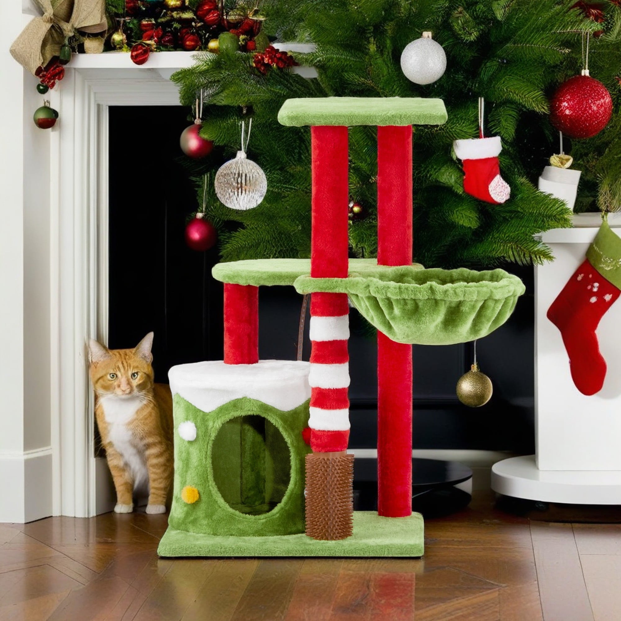 Kadyn 32" Cat Tree with Cat Massage Brush, Cat Tower with Sisal-Covered Scratching Post, Cat Condo and Hammock, for Small Spaces, Kittens, Green
