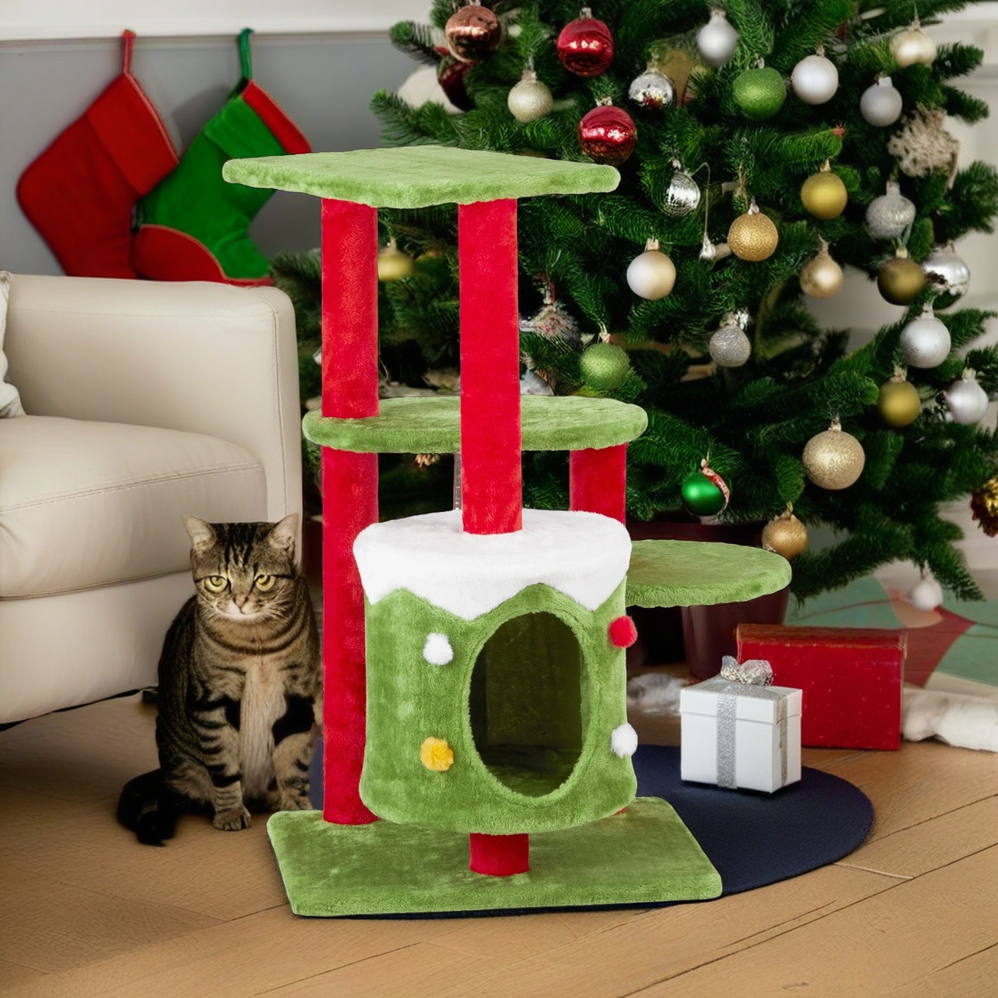 resenkos 32" Christmas Themed Cat Tower with Cat Condo, 3-Level Plush Cat Tree Activity Center for Indoor Cats, Green