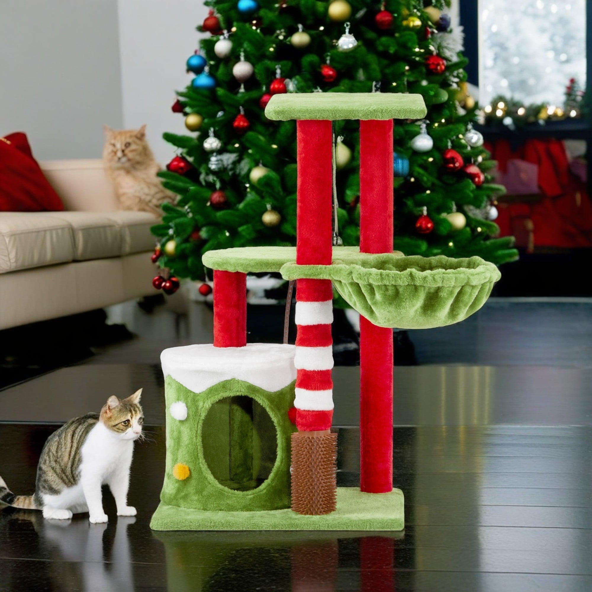resenkos 32" Christmas Themed Cat Tower with Cat Condo and Hammock, 3-Level Plush Cat Tree Activity Center for Indoor Cats, Green