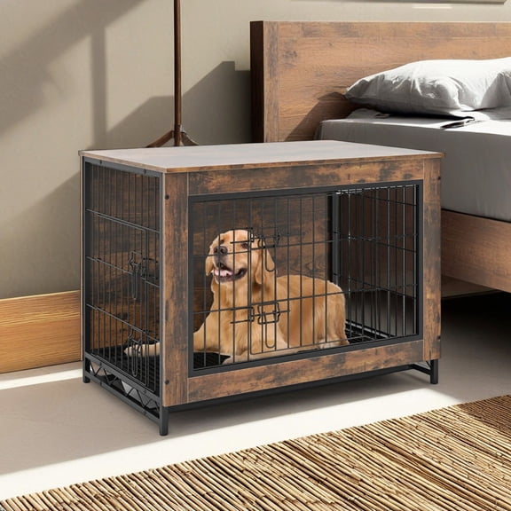 Demi Bonn 32" Dog Crate Furniture, Indoor Dog Kennel with Double Lockable Doors and Removable Tray, Decorative Pet Cage Dog House, Brown