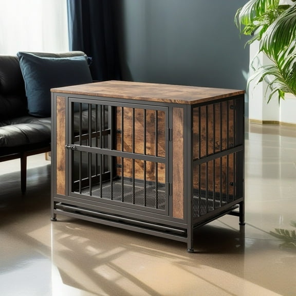 Demi Bonn 32" Dog Crate Furniture, Wooden Dog Kennel for Dogs with Removable Tray, Heavy-Duty Dog Cage End Table, Double Doors Dog House, Brown