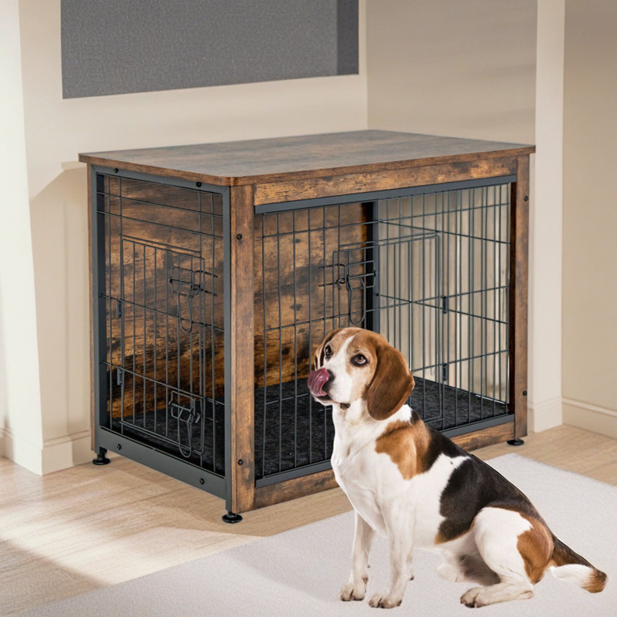 resenkos 32" Dog Crate for Small Dogs with Tray and Double Door, Wood Dog Cages Furniture, Indoor Kennel, Brown