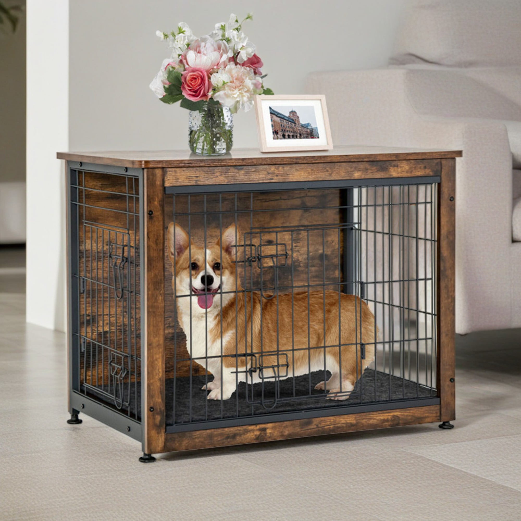 Kadyn 32" Dog Crates for Dogs with Tray and Double Door, Wood Indoor Dog Cages Furniture, Brown
