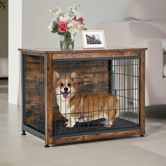 Demi Bonn 32" Dog Crates for Dogs with Tray and Double Door, Wood Indoor Dog Cages Furniture, Brown