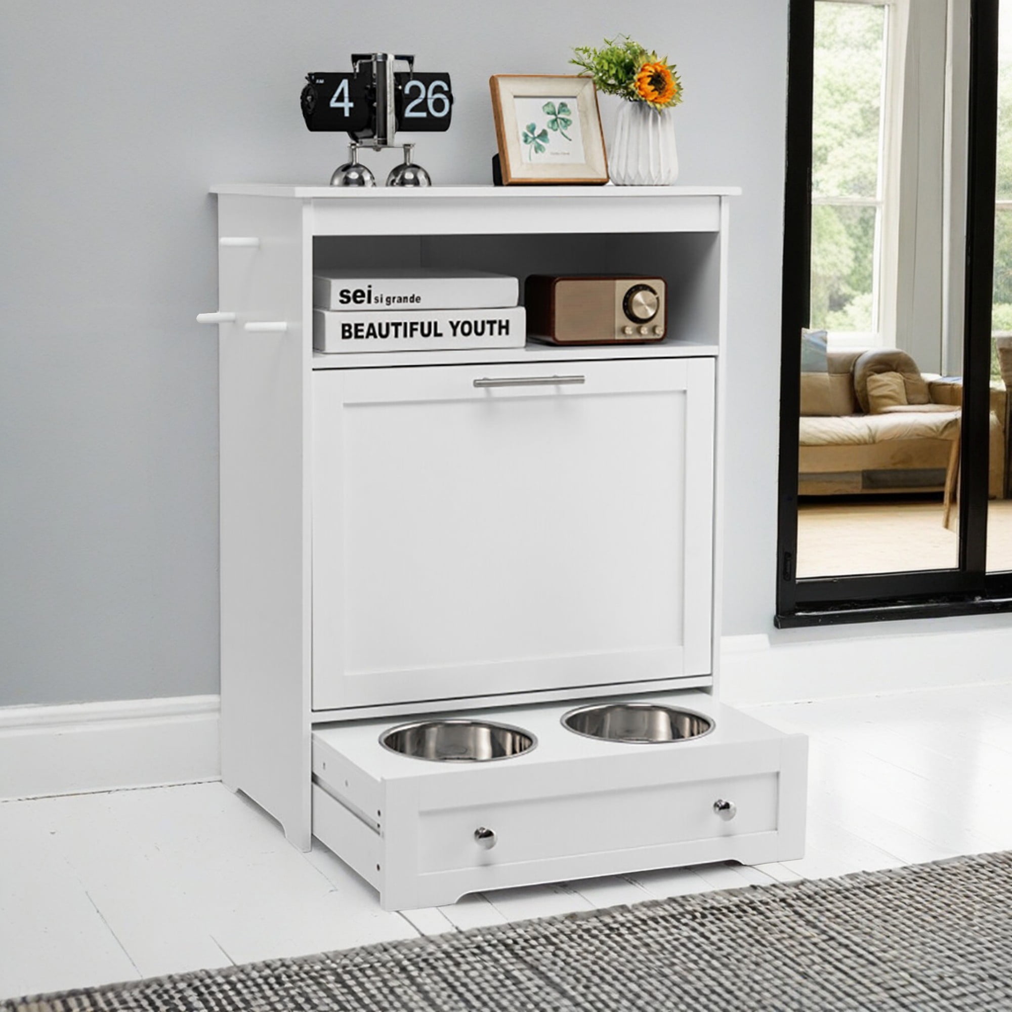 resenkos 32" Dog Feeder Station with Stainless Steel Bowl, Dog Food Storage Container, Pull Out Pet Food Cabinet, White