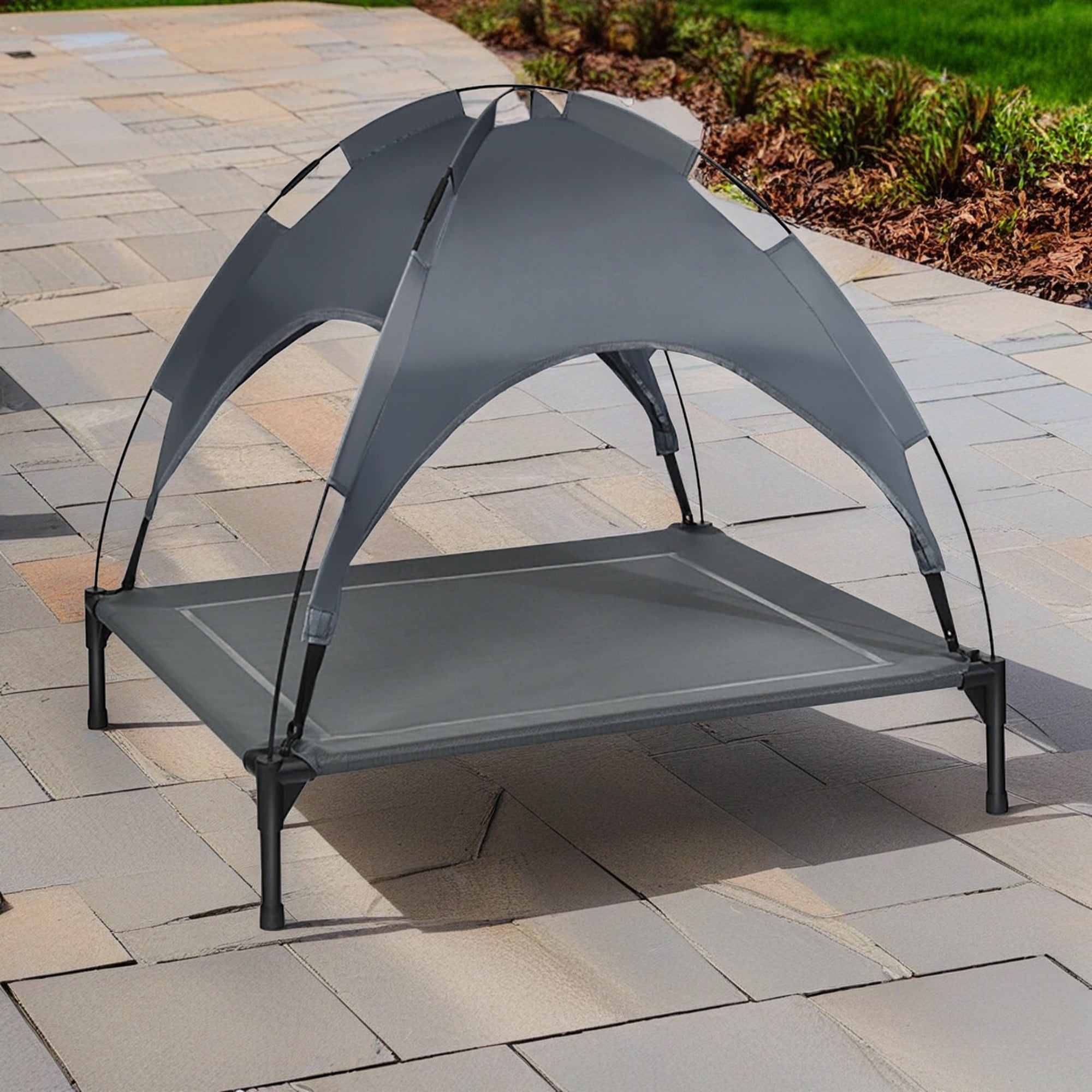 resenkos 32" Elevated Dog Bed with Canopy, Outdoor Dog Cot with Removable Canopy Shade Tent, Portable Raised Pet Cot Cooling Bed for Dogs and Cats, Gray