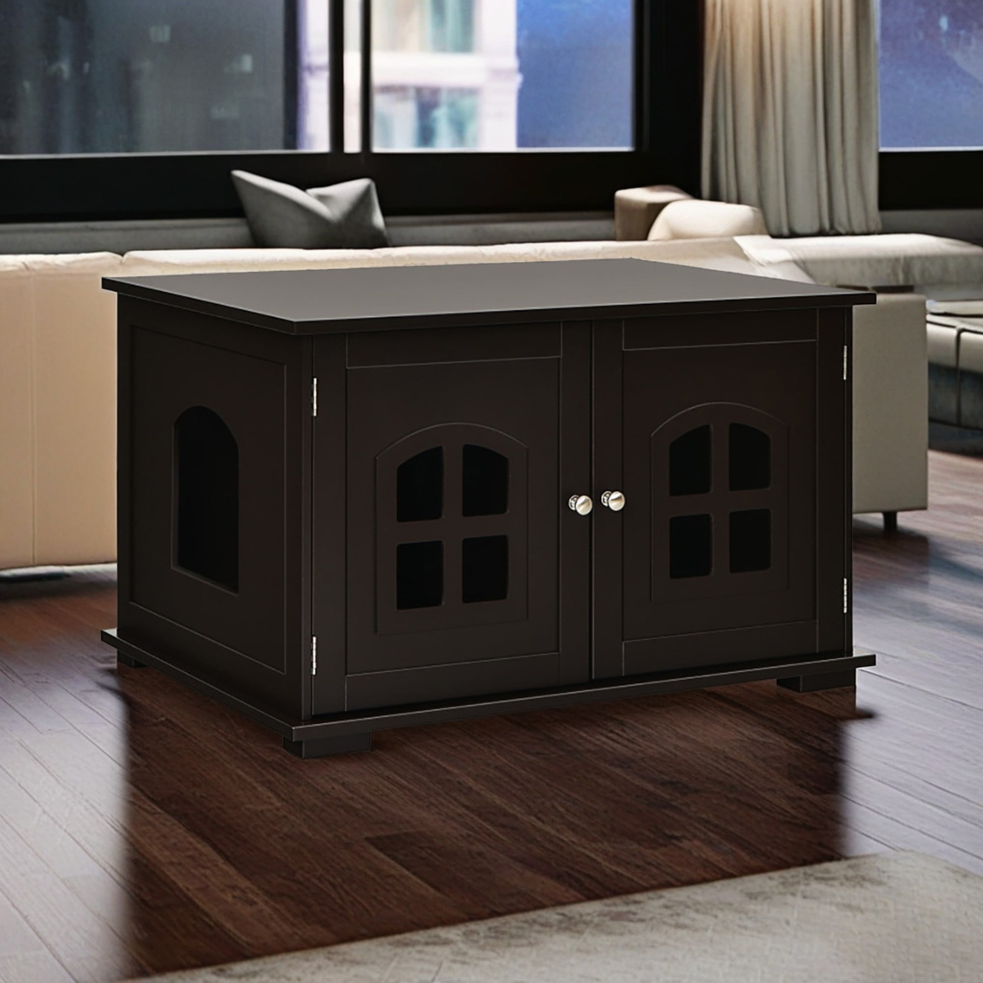 Kadyn 32" Large Wooden Cat Litter Box Enclosure Hidden Cat Washroom with Divider, Cat House Furniture, Brown