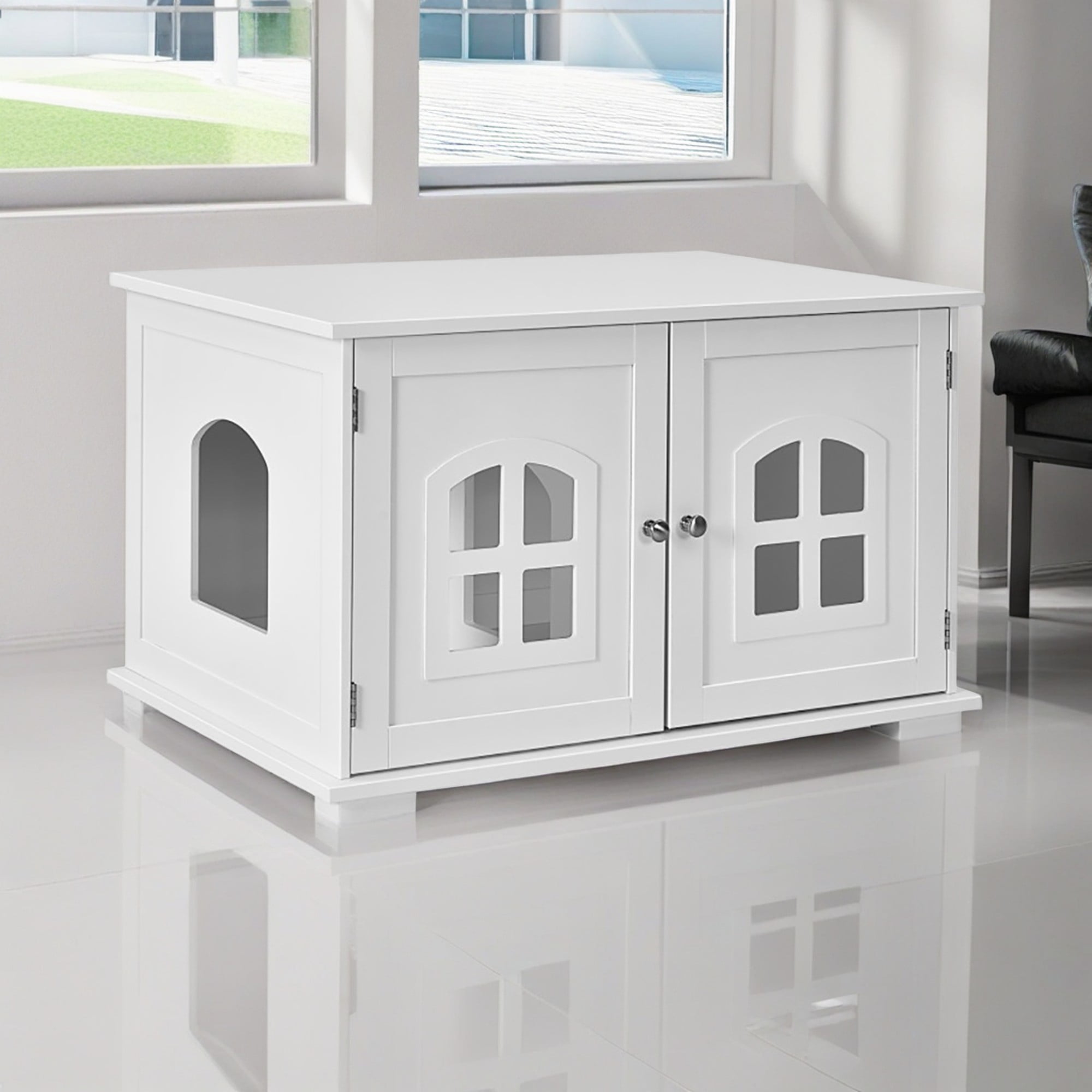 Kadyn 32" Large Wooden Cat Litter Box Enclosure Hidden Cat Washroom with Divider, Cat House Furniture, White