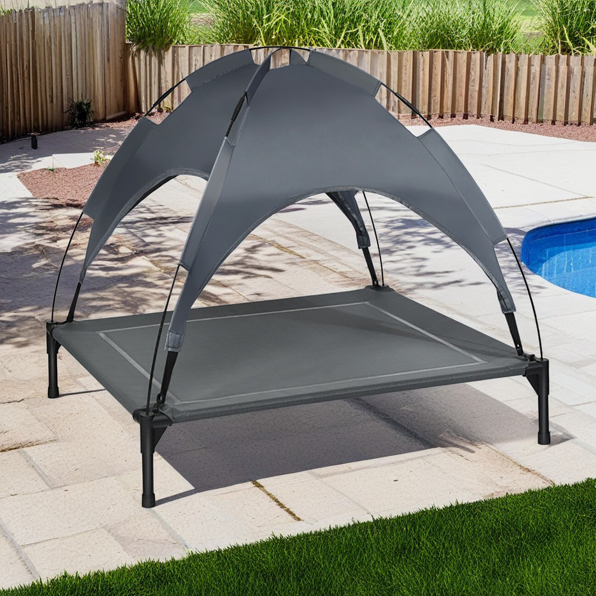 Kadyn 32" Outdoor Elevated Dog Cot with Removable Canopy Shade, Pet Bed for Camping Small Medium Dogs, Portable Cooling Raised Dog Bed with and Side for Beach, Gray