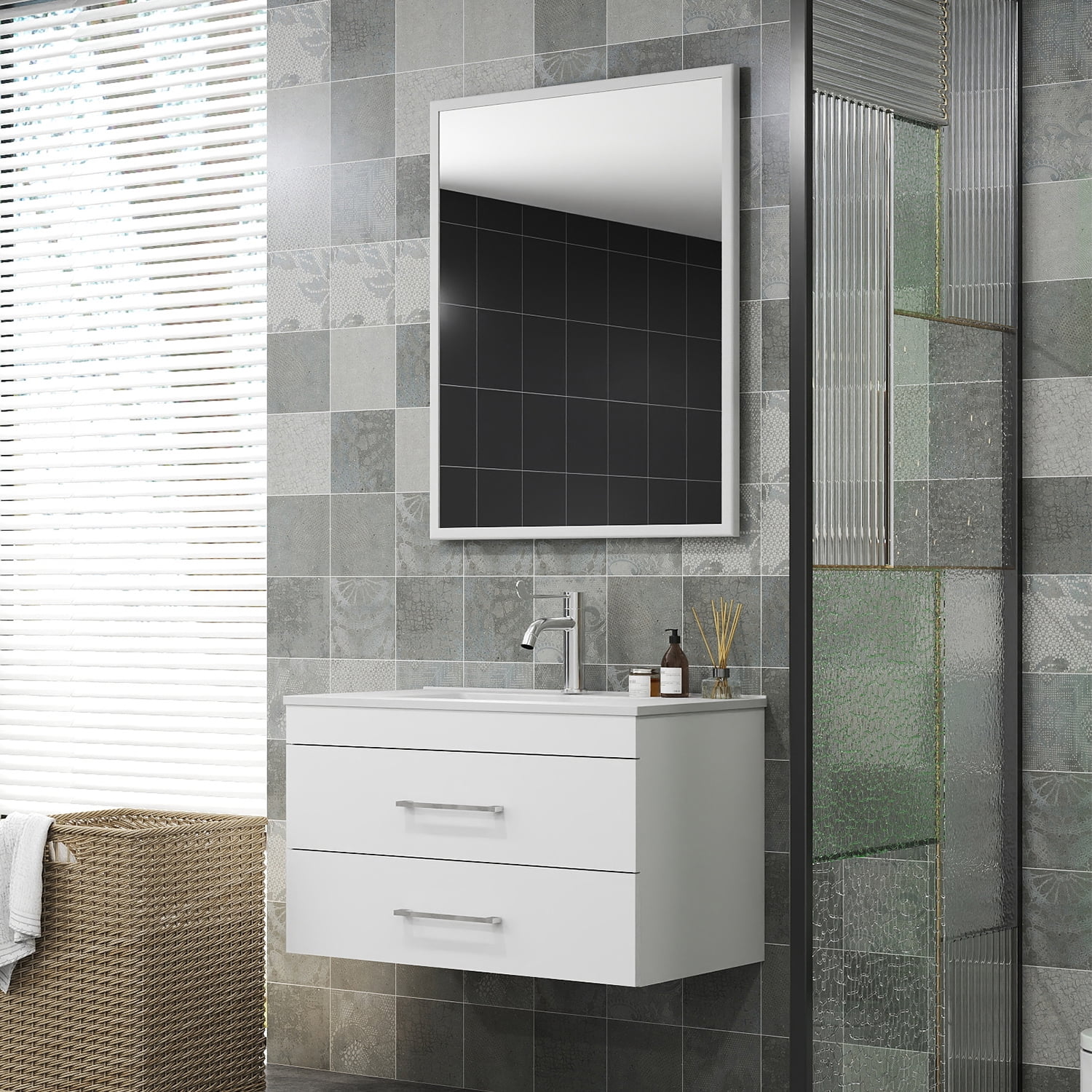 Demi Bonn 32" Wall-Mounted Bathroom Vanity with Ceramic Sink, 2 Soft-Close Drawers and Aluminum Frame Mirror, Faucets and Drains Not Included, White