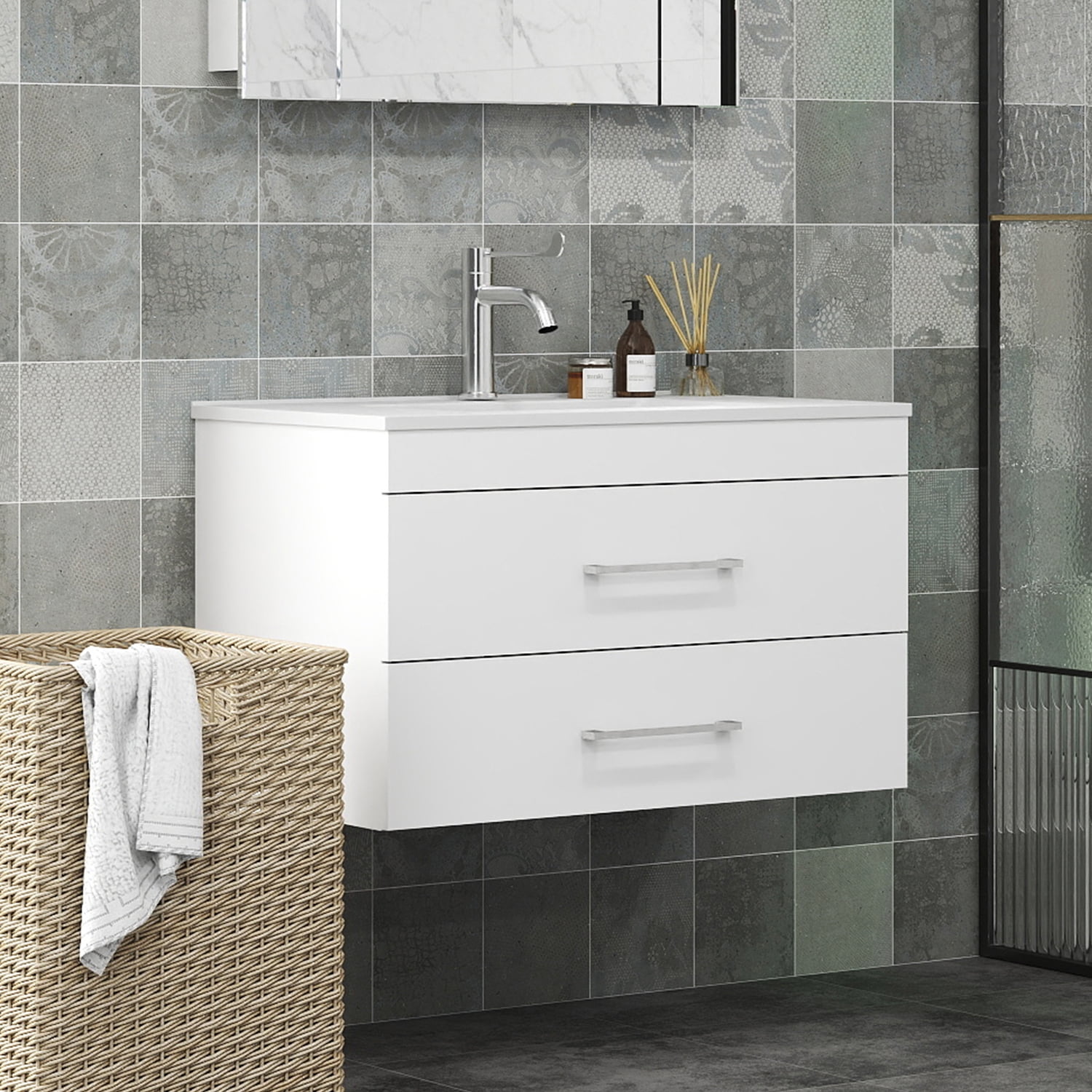 Demi Bonn 32" Wall-Mounted Bathroom Vanity with Ceramic Sink and 2 Soft-Close Drawers, Faucets and Drains Not Included, White