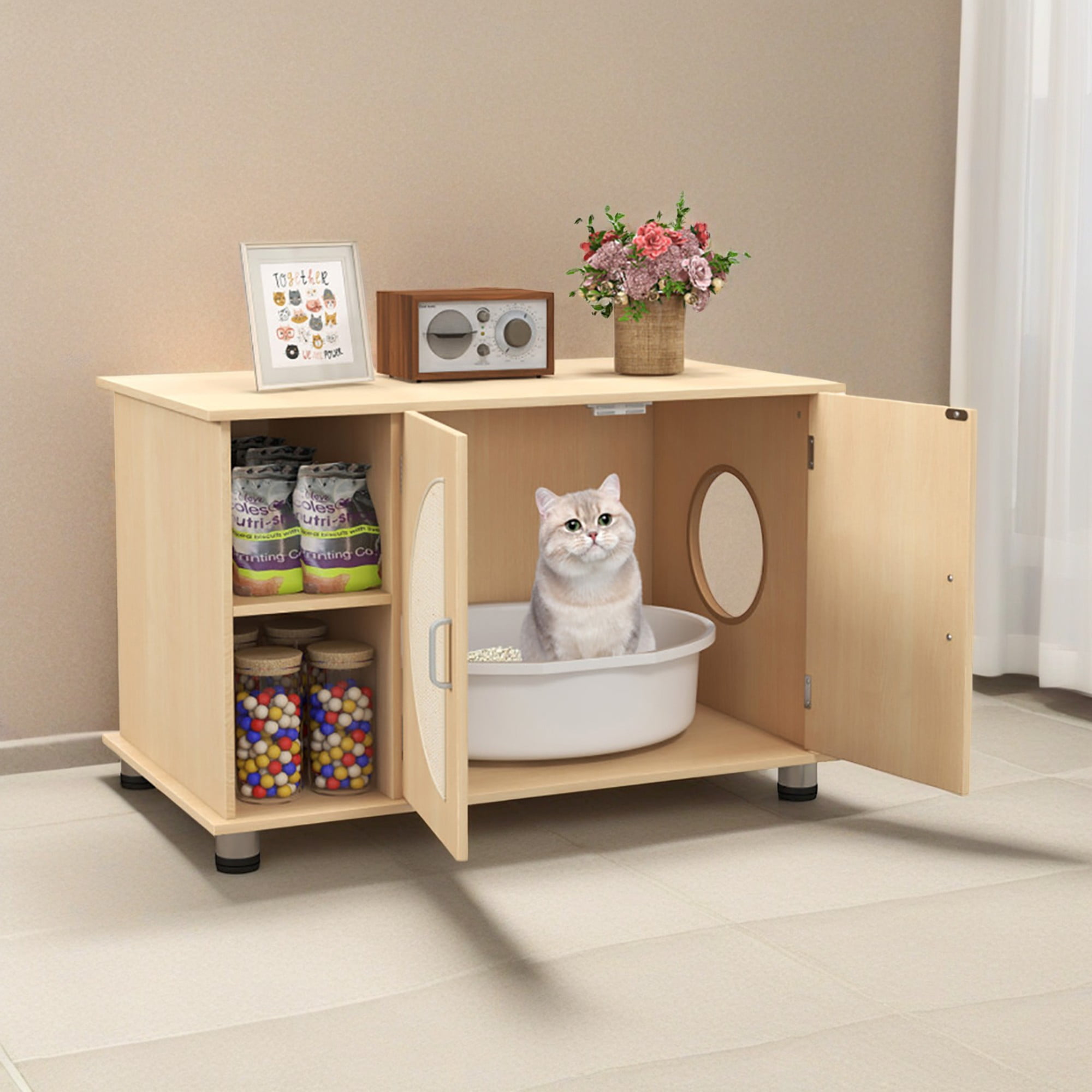 Kadyn 32" Wood Cat Litter Box Enclosure Furniture with Sisal Scratching Doors, Adjustable Metal Feet Cat Washroom Storage, Beige