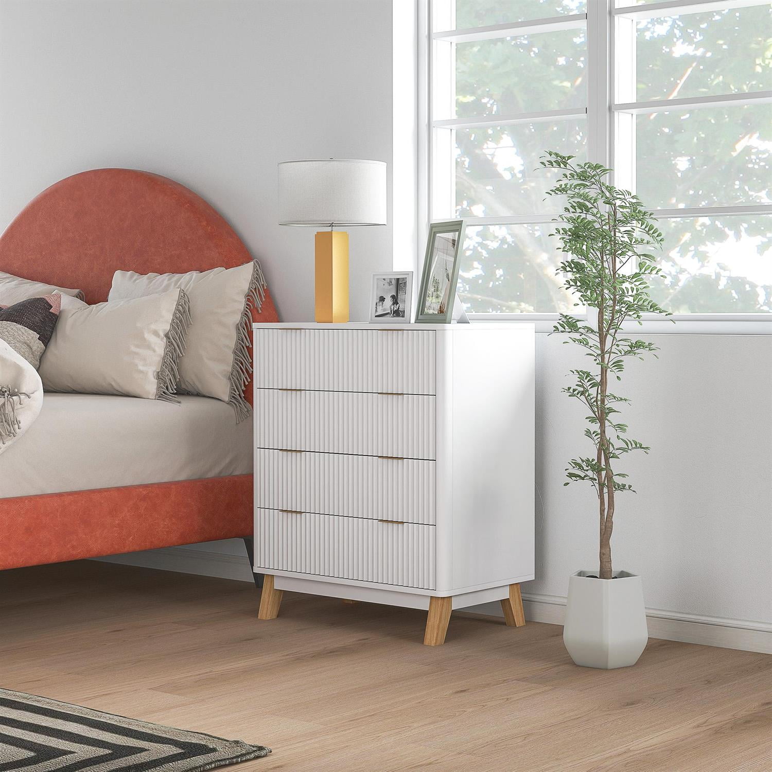 Demi Bonn 32" Wood Drawer Dresser, Fluted Design with Gold Pulls and Wood Legs, 4-Drawer Storage for Bedrooms, White