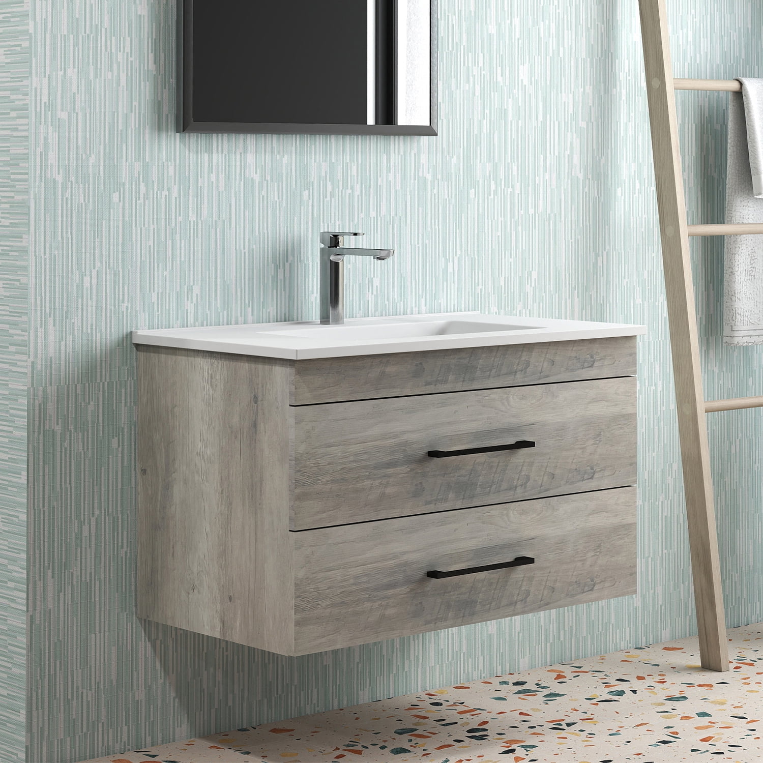 Demi Bonn 32" Wood Grain Wall-Mounted Bathroom Vanity with Ceramic Sink and 2 Soft-Close Drawers, Faucets and Drains Not Included, Gray
