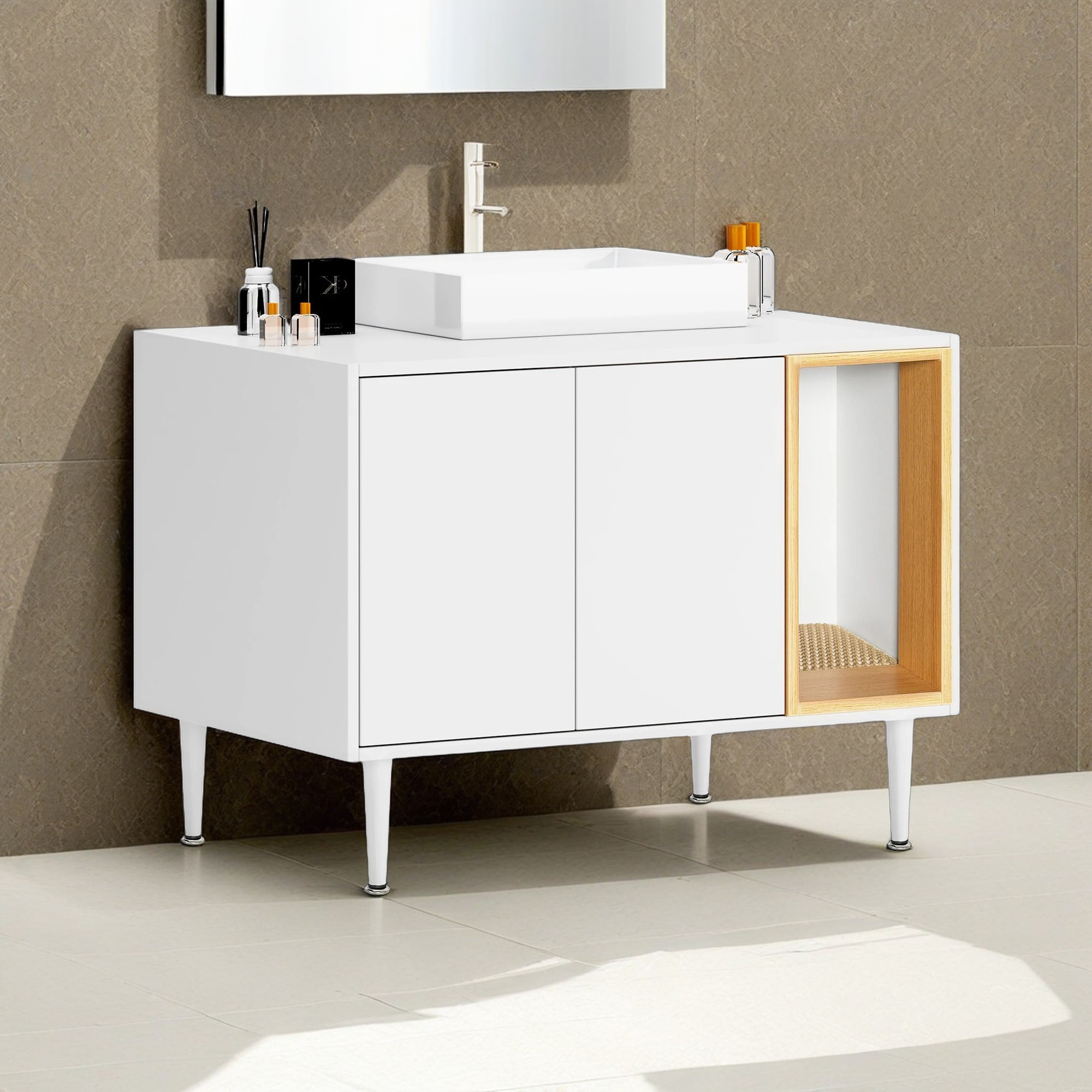 Kadyn 32" Wooden Cat Litter Box Enclosure Furniture with Divider, Large Hidden Litter Box for Bathroom Sink Cabinet, Cat House Washroom, White