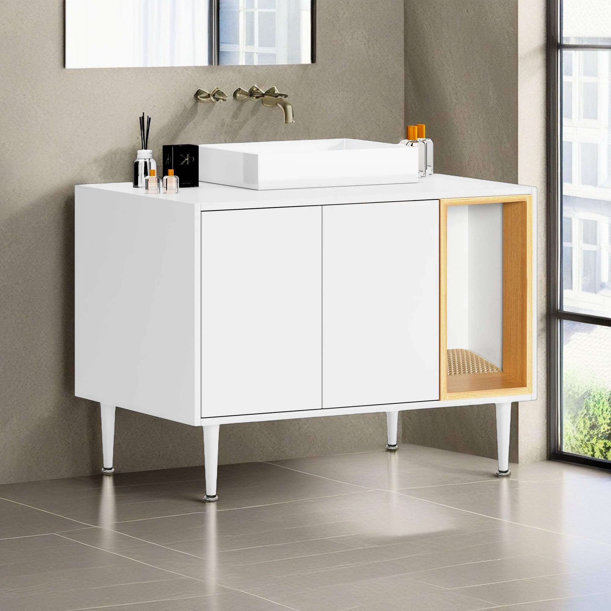 Kadyn 32" Wooden Cat Litter Box Enclosure for Bathroom Sink Cabinet, Hidden Litter Box Furniture with Divider, Cat House Washroom, White