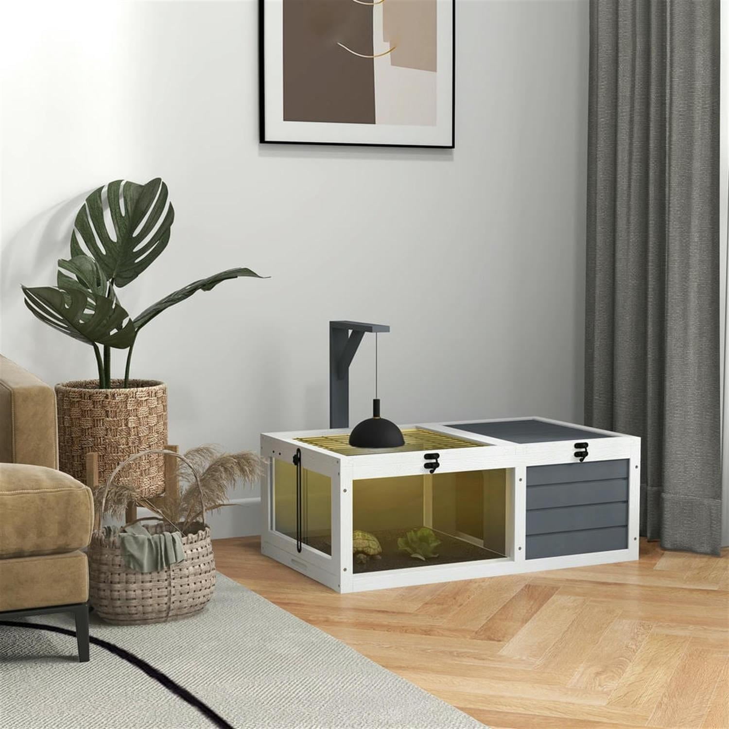 resenkos 32" Wooden Tortoise House with Lamp Holder, Reptile Cage Enclosure for Turtles, Lizards, Snakes, Small Animal Habitats, Gray