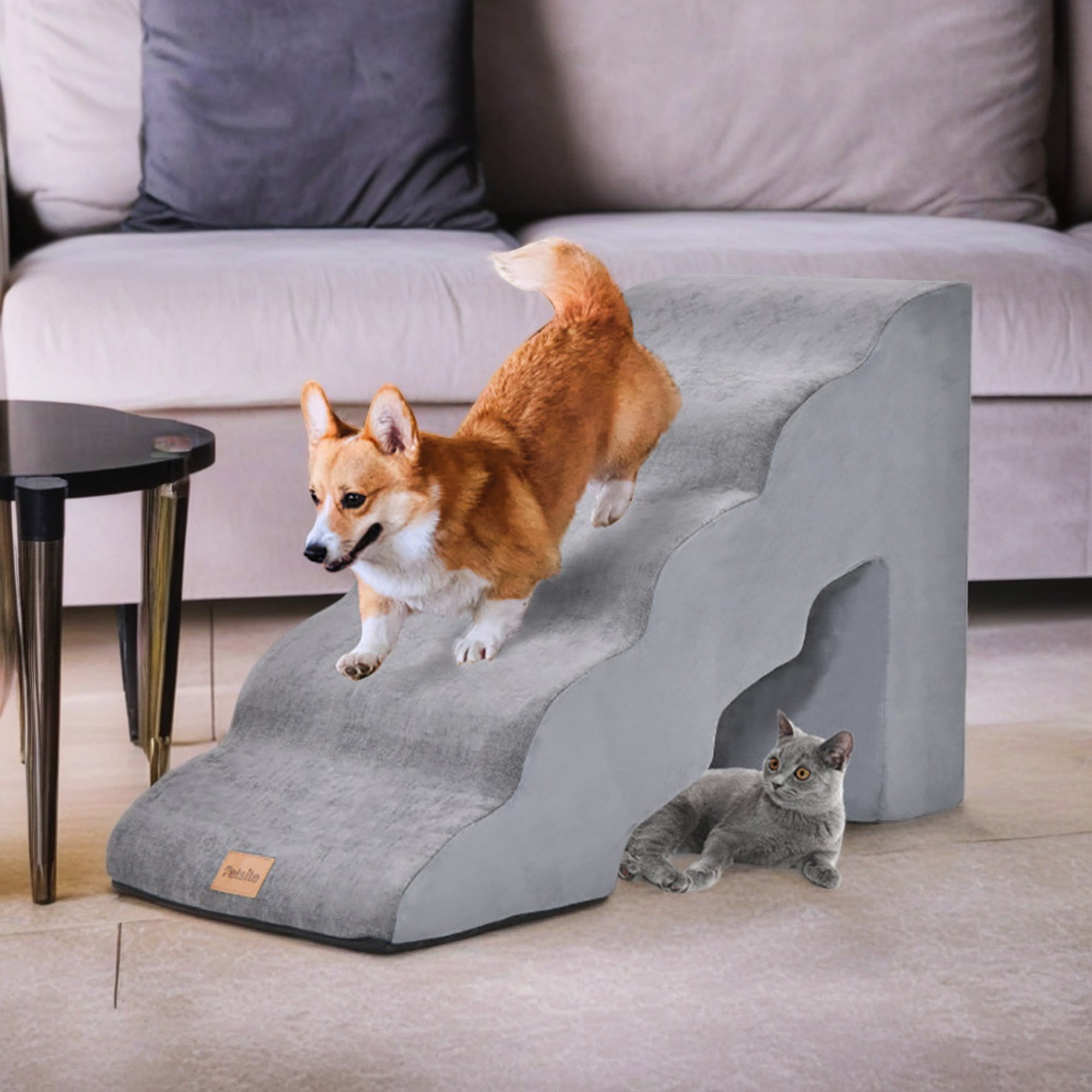 resenkos 33" 5-Tier Pet Stairs for Small Dogs with Arch, 3-Step Dog Ramp for Beds and Couch, Non-Slip Balanced Indoor Step, Gray