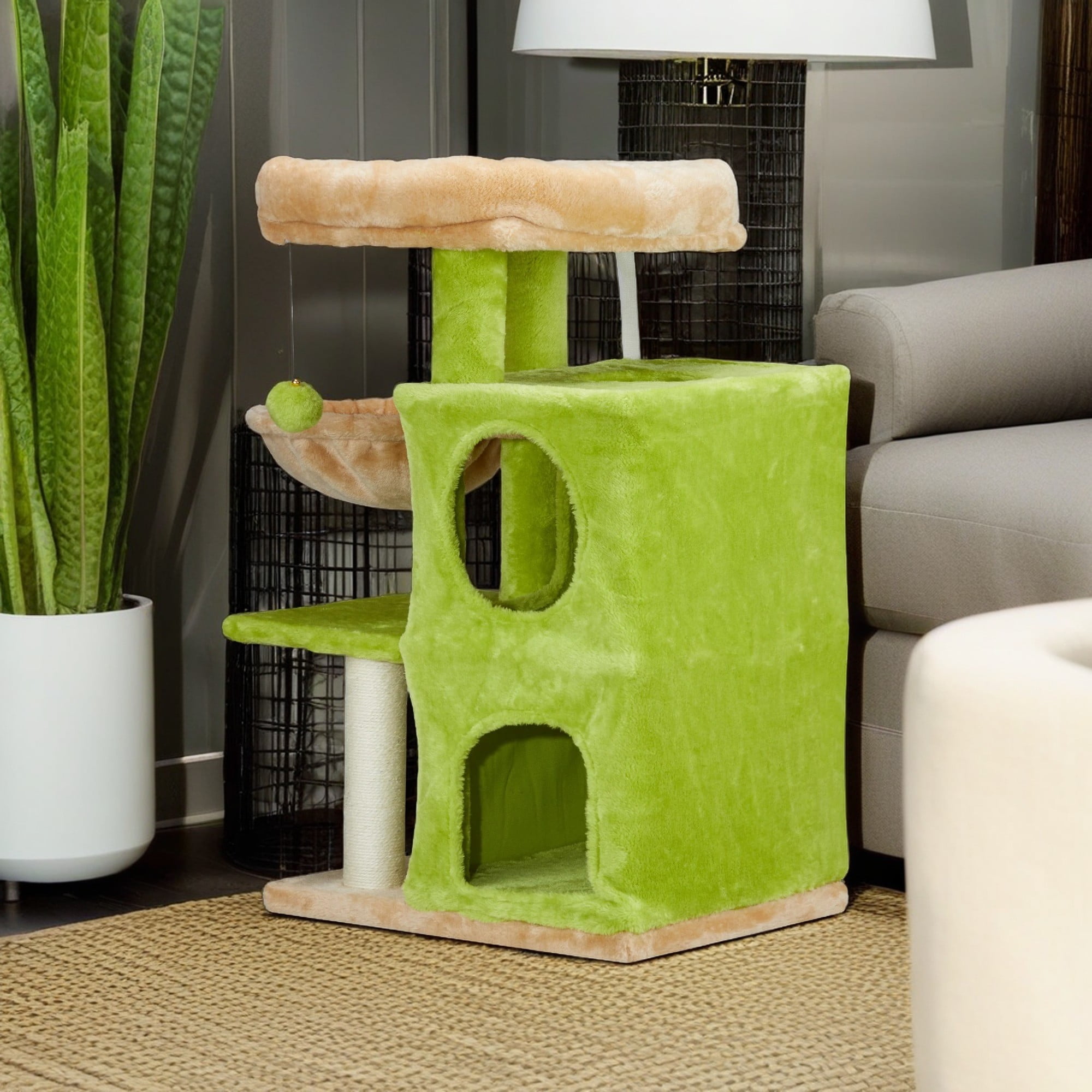 Kadyn 33" Cat Tree Tower for Indoor Cats, Cat Tree House with Large Padded Perch, Hammock, 2-Tiered Condo, Scratching Posts and Dangling Ball, Green