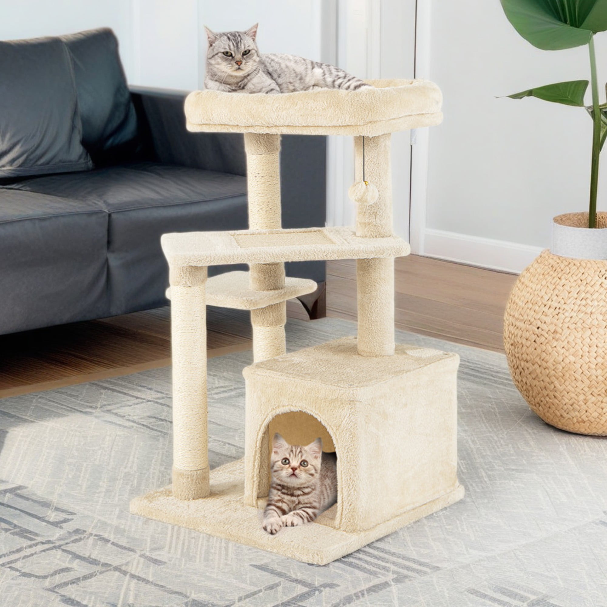 resenkos 33" Cat Tree Tower, Small Cat Condo with Sisal Scratching Post and Massage Post, Cat Tree House with Perch and Hanging Ball, Beige