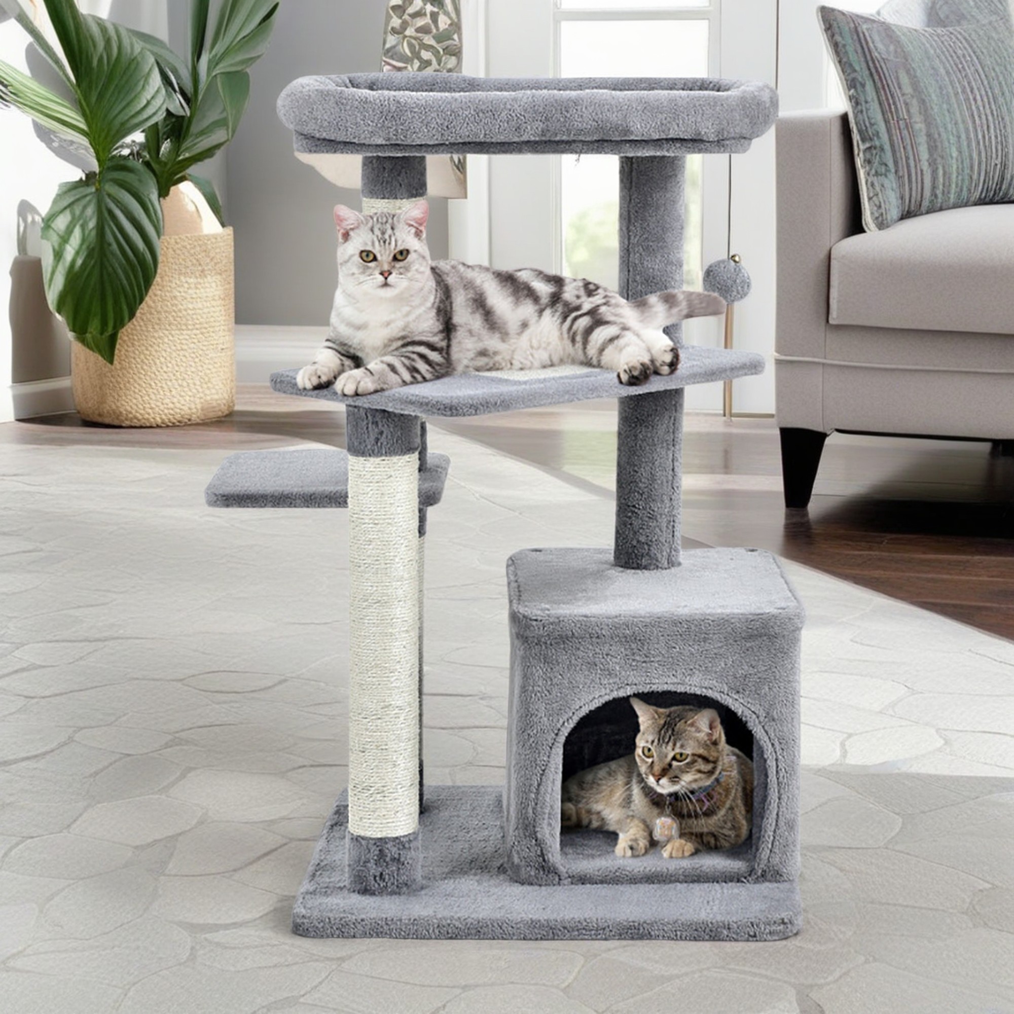 Kadyn 33" Cat Tree Tower, Small Cat Condo with Sisal Scratching Post and Massage Post, Cat Tree House with Perch and Hanging Ball, Gray
