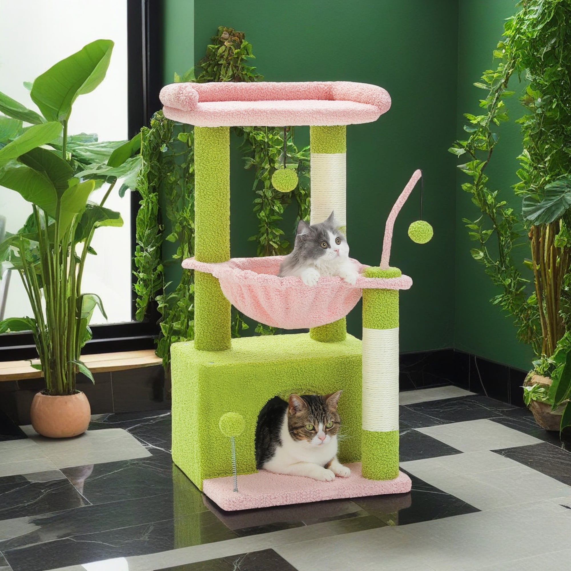 resenkos 33" Cat Tree Tower Small Flower Cat Trees for Indoor Cat Condo with Hammock, Top Perch for Kittens and Adults Cats, Pink