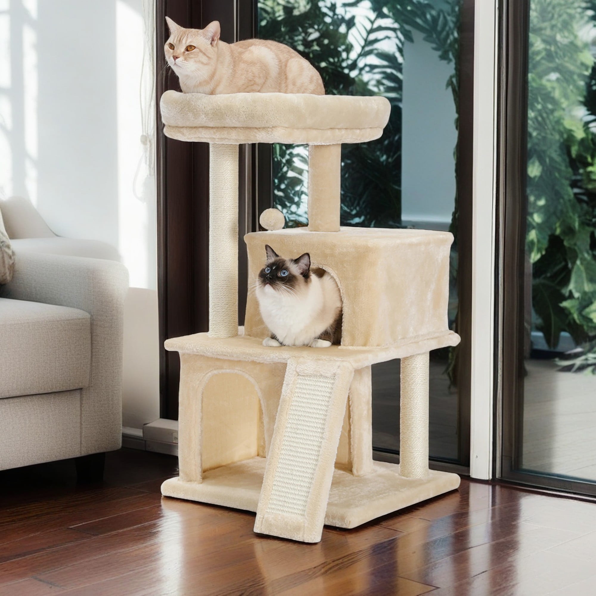 resenkos 33" Cat Tree Tower for Indoor Cats, Cat Condo Dangling Ball Cat Furniture Activity Center Play House, Beige