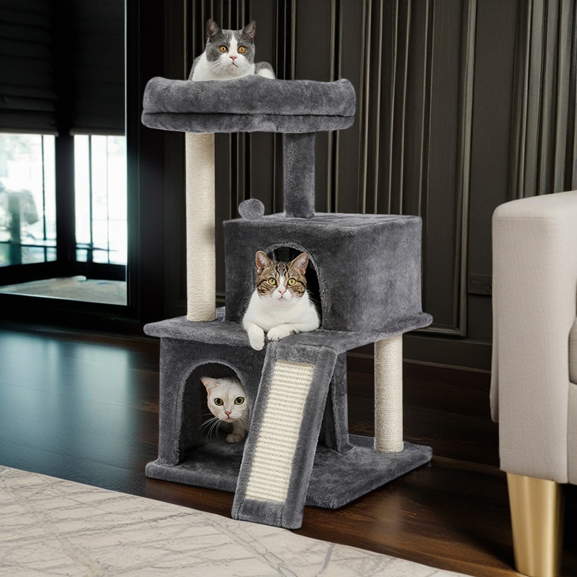 resenkos 33" Cat Tree Tower for Indoor Cats, Cat Condo Dangling Ball Cat Furniture Activity Center Play House, Gray