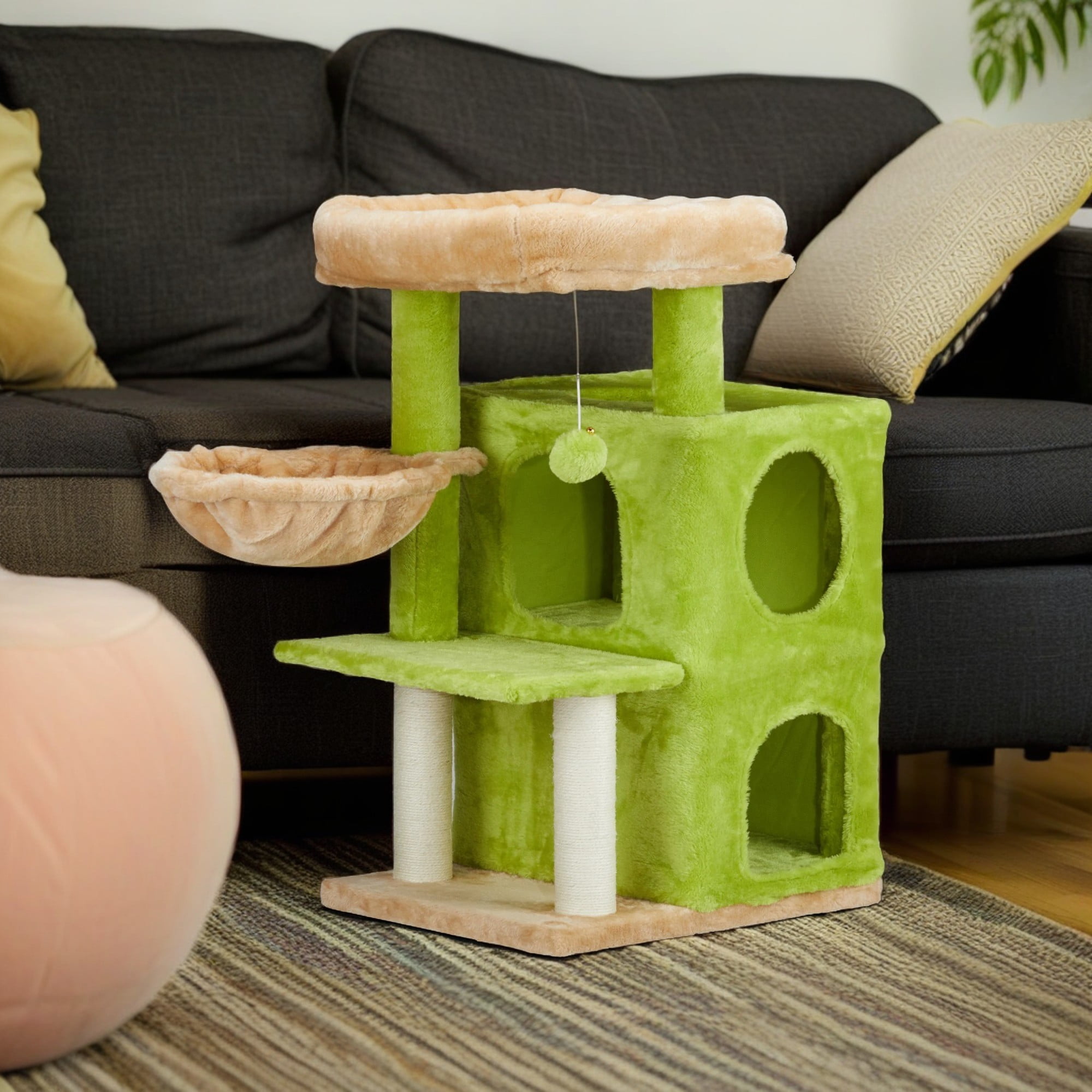 resenkos 33" Cat Tree Tower with Dual Condos for Indoor Cats, Plush Cat House with Padded Perch, Scratching Posts and Hammock, Green