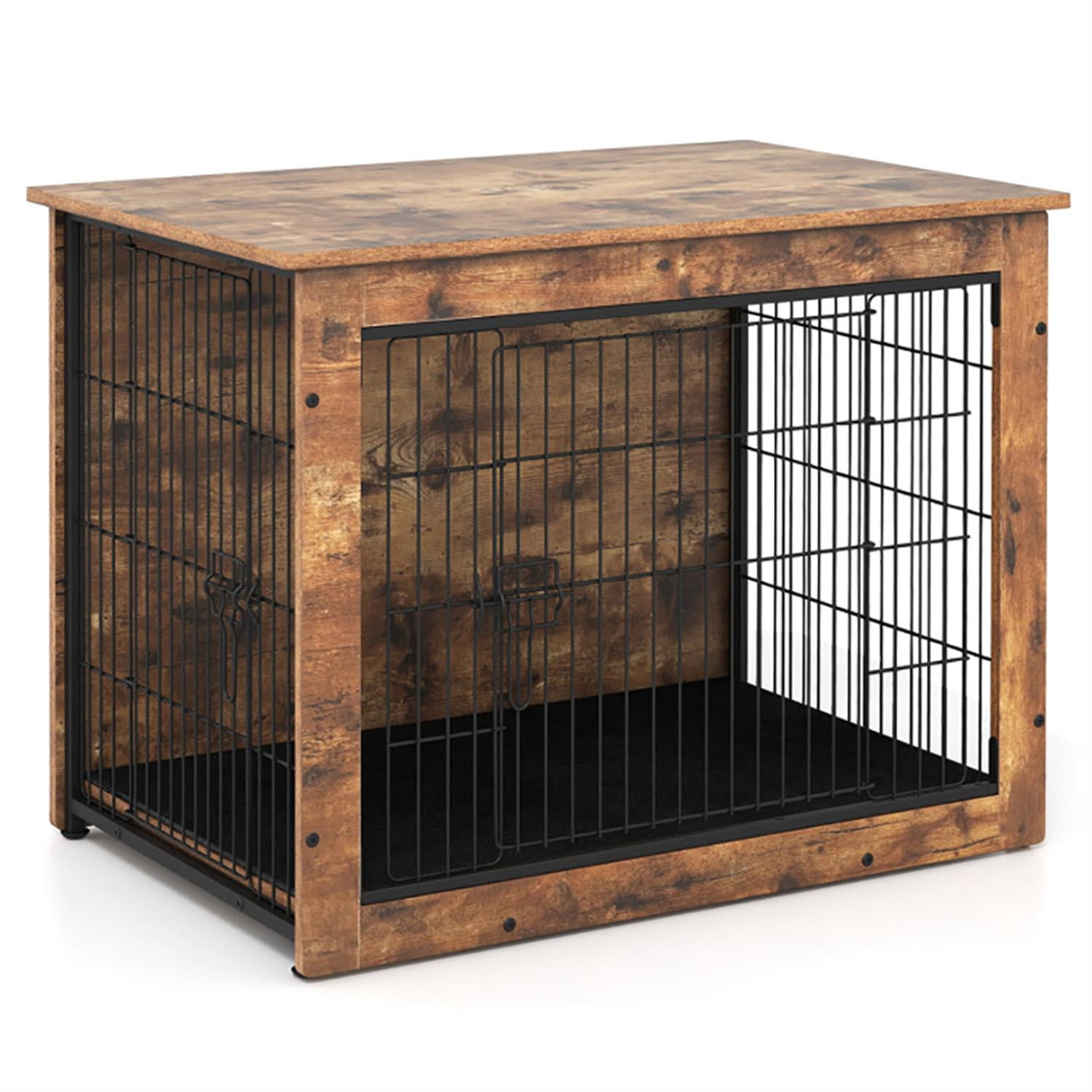 Demi Bonn 33" Dog Crate Furniture with Cushion, Wooden Kennel Table with Double Doors, Indoor Dog House for Small/Medium Dogs, Brown