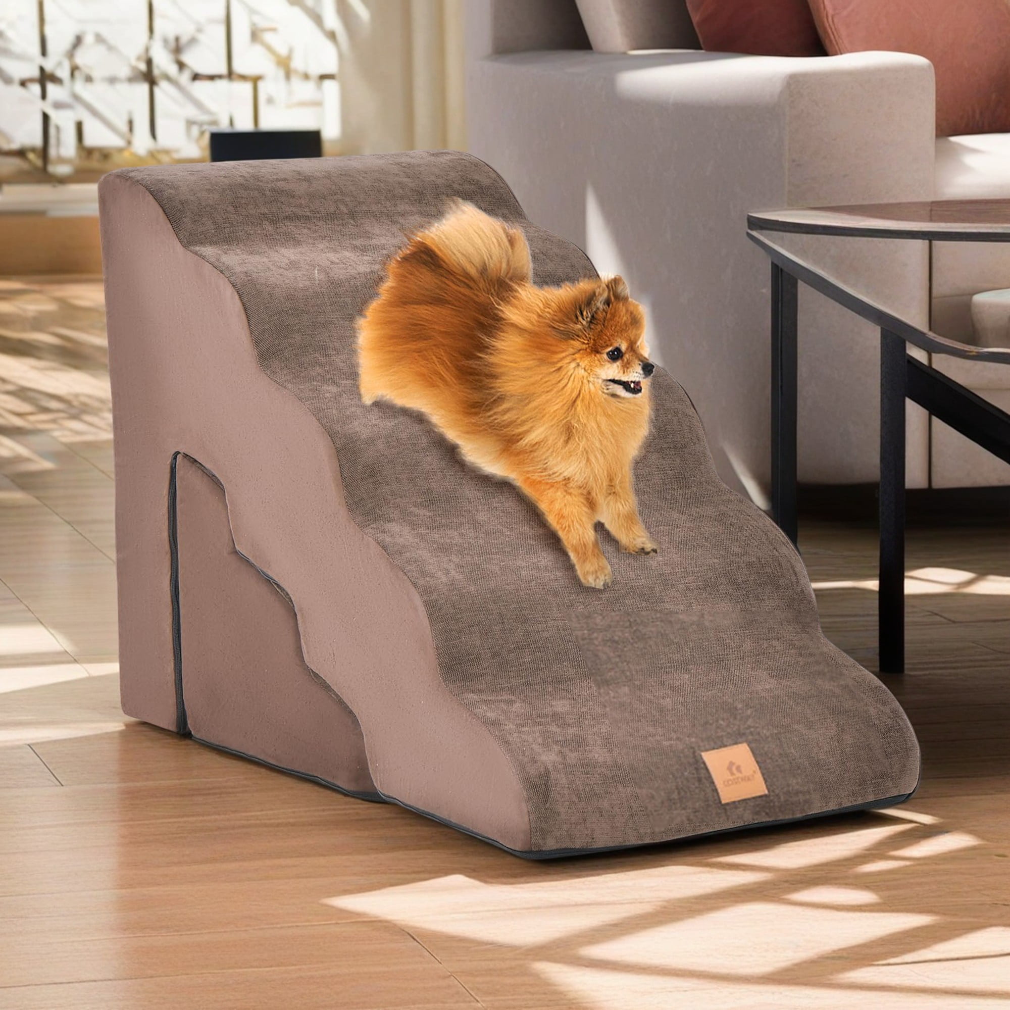 Kadyn 33" Dog Stairs for Small Pets with High-Density Sponge and Silicone Paw Prints, 5-Step Dog Ramp for Beds and Couch, Brown