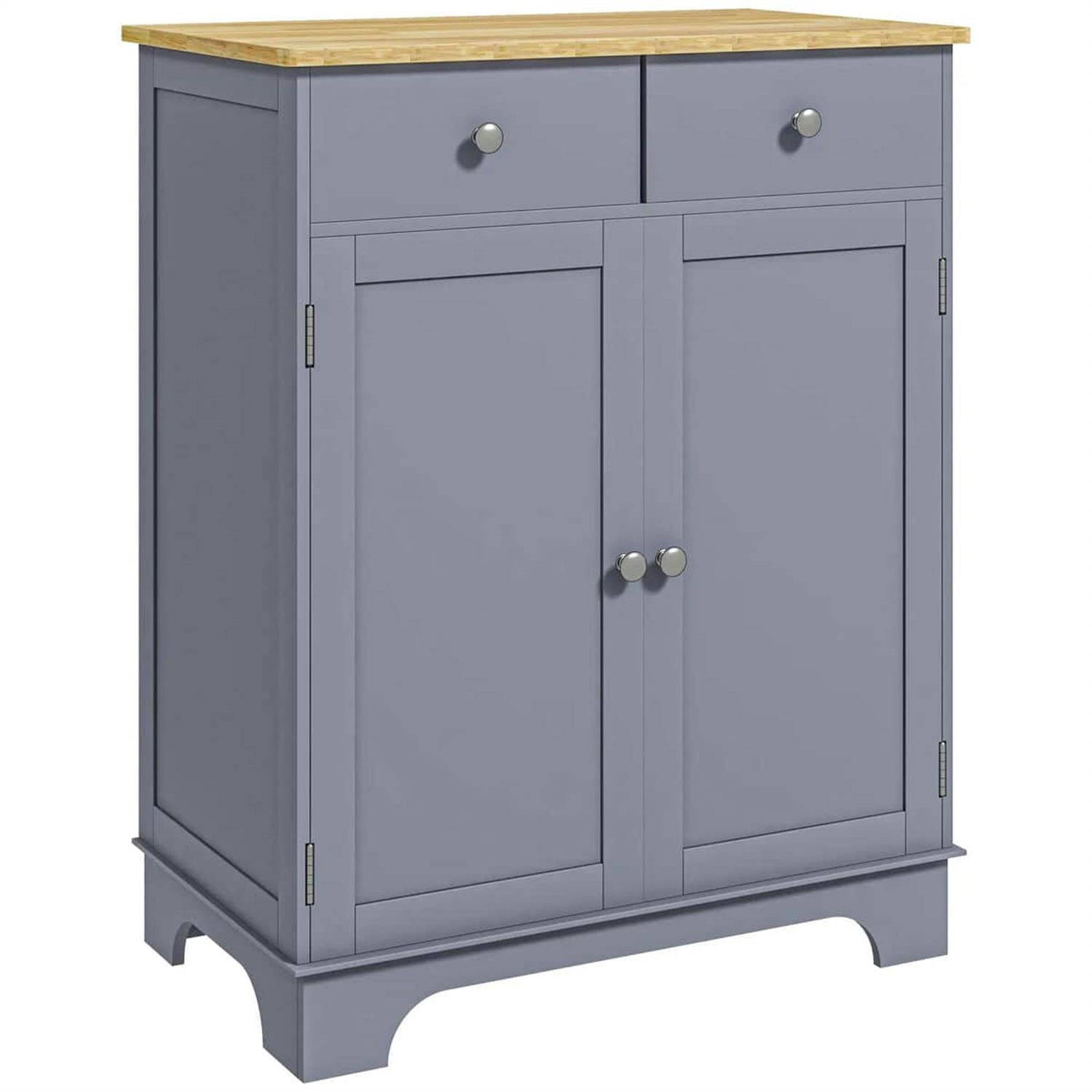 Demi Bonn 33" Kitchen Storage Cabinet Solid Wood Top Sideboard Floor Cupboard, Adjustable Shelf & 2 Drawers for Home Organization, Gray