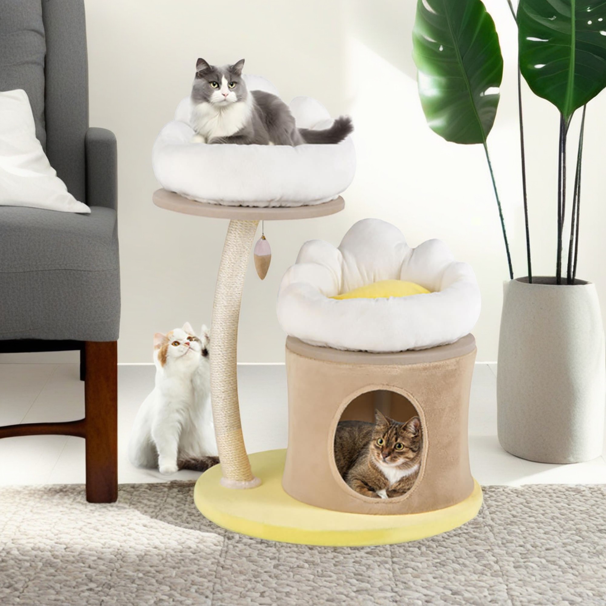 resenkos 33" Modern Cat Tree Tower for Indoor Cats with Natural Sisal Scratching Posts, 2 Removable and Washable Perch for Kittens Climb Play, Rest, White