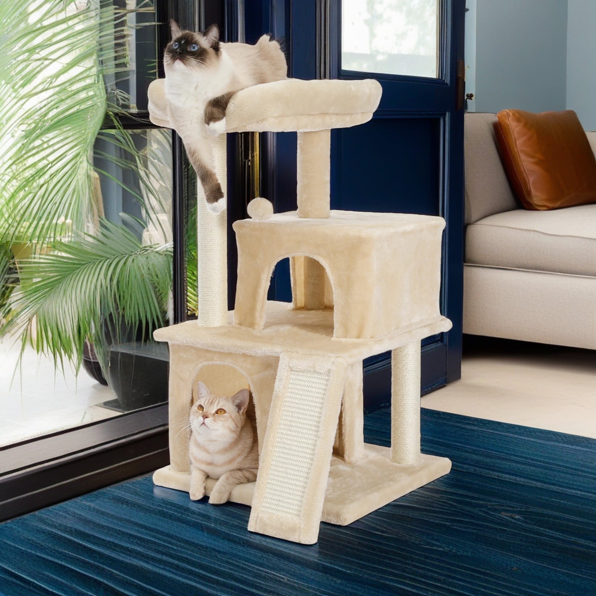 resenkos 33" Multi-Level Cat Tree Tower Cat Condo with Scratching Posts, Jump Platform Top Perch and Dangling Ball, Beige