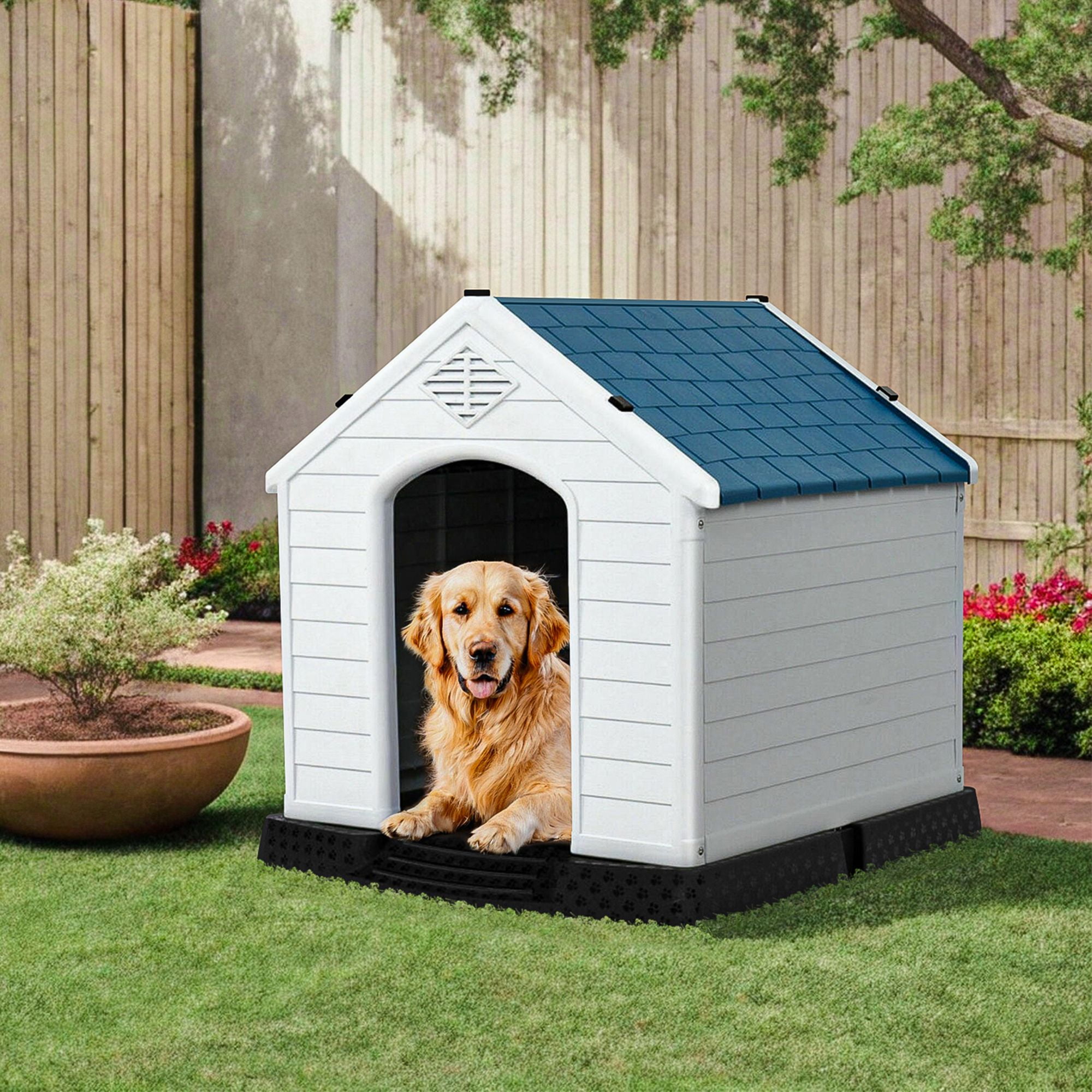 Demi Bonn 33" Outdoor Dog House, Sun Protection Pet Houses for Medium Dogs, Weatherproof Cat House with Ventilation System and Fastening Device, White