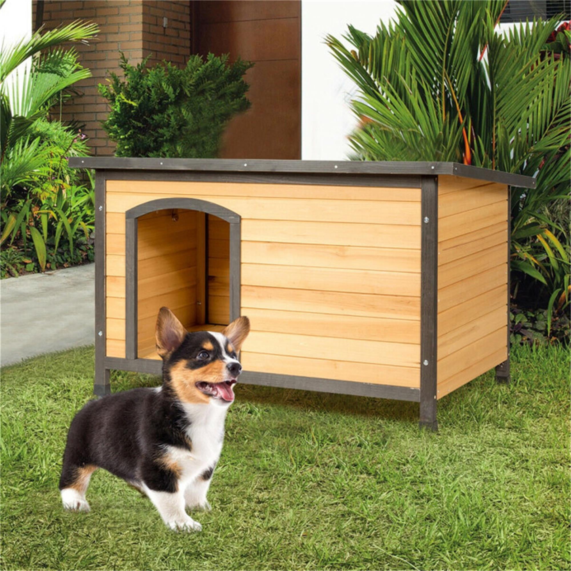 resenkos 33" Outdoor Wood Dog Houses with Hinged Roof for Small Dogs, Weatherproof Pet Cat House, Removable Floor, Beige