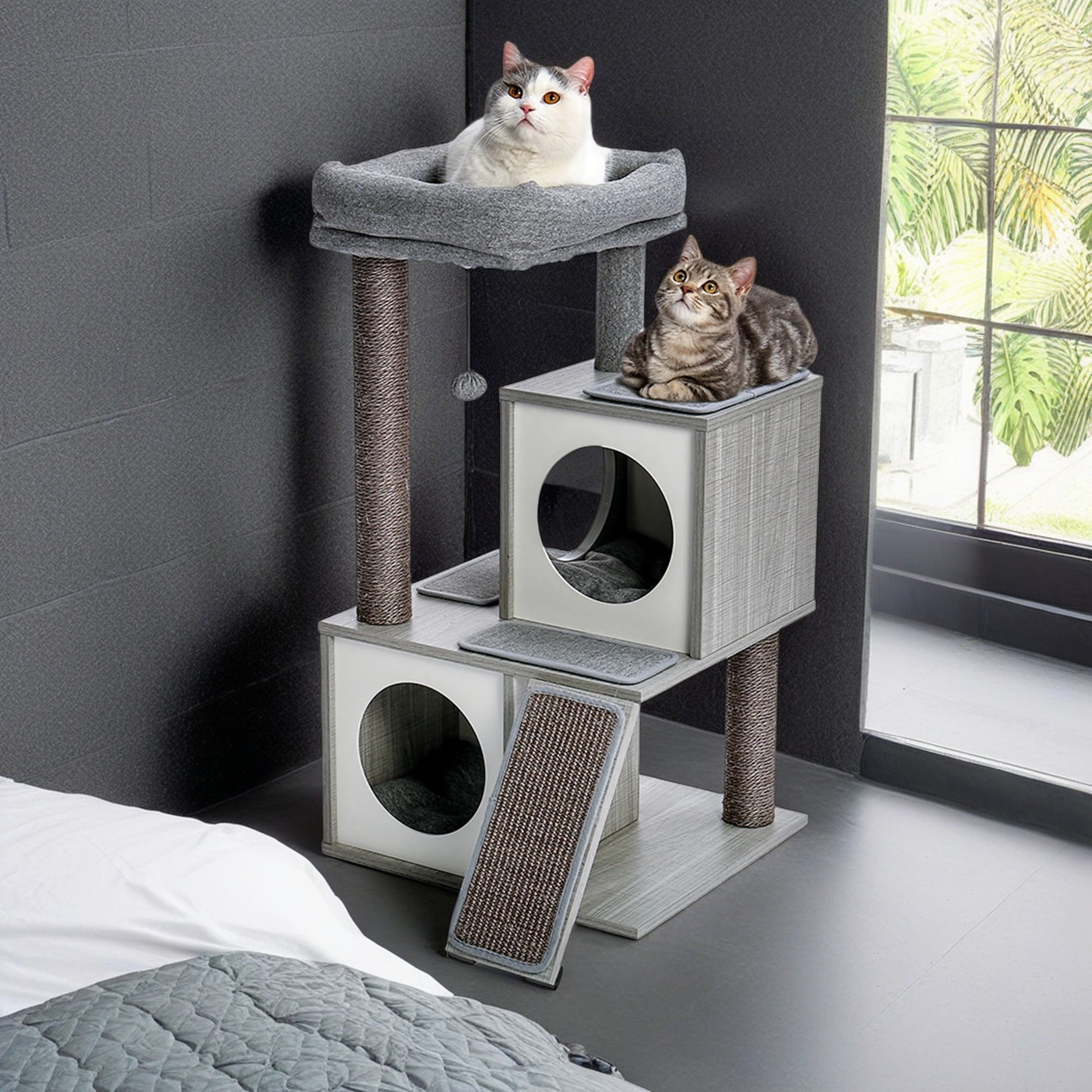 resenkos 34" Cat Condo for Multiple Cat Tree Houses with Spacious Perch, Cat Tower for Big Cats, Gray