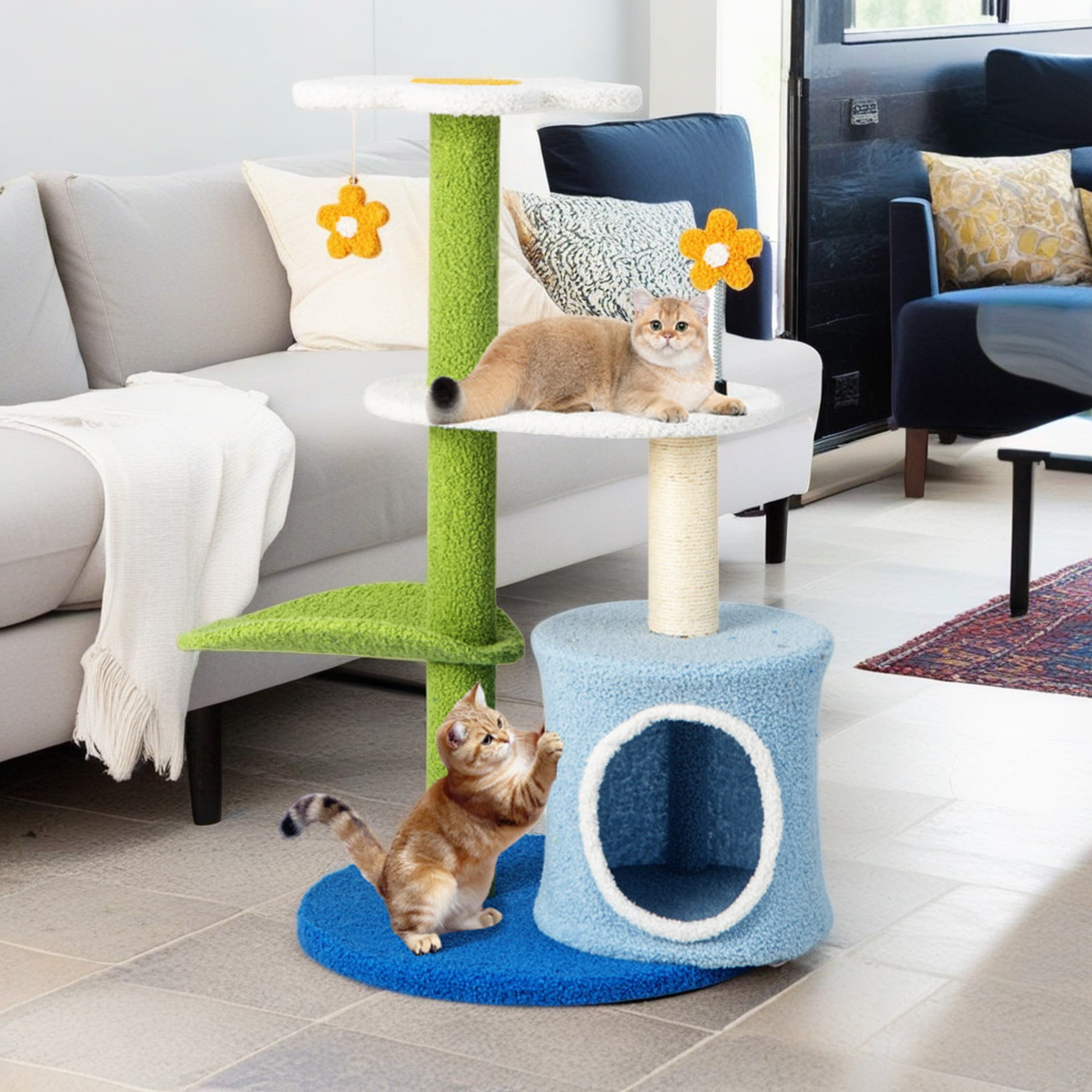 resenkos 34" Cat Tree for Indoor Cats, Plush Cat Tower with Cat Condo, Jingling Balls and Sisal Cat Scratching Post for Kittens, Blue
