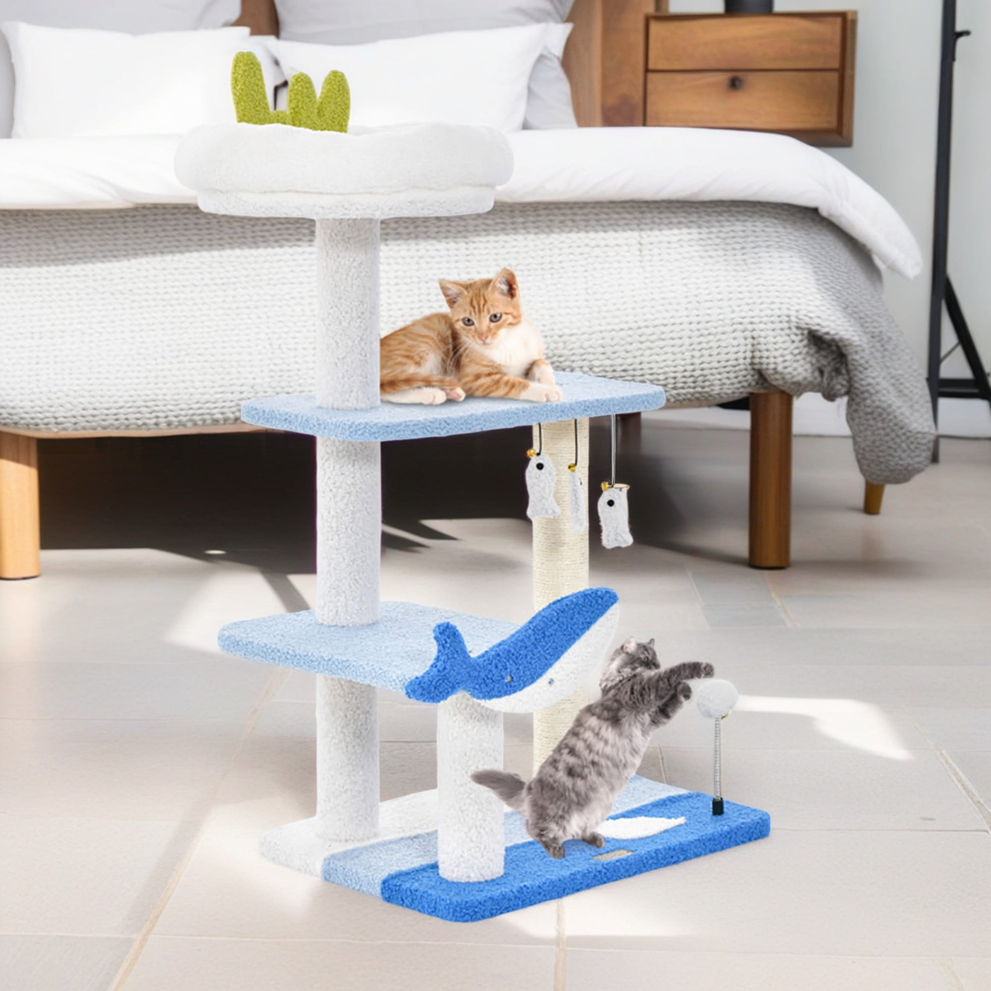 Kadyn 34" Cat Tree with Scratching Posts, Cat Tower with Padded Plush Perch, Multi-Platform for Jump, Blue