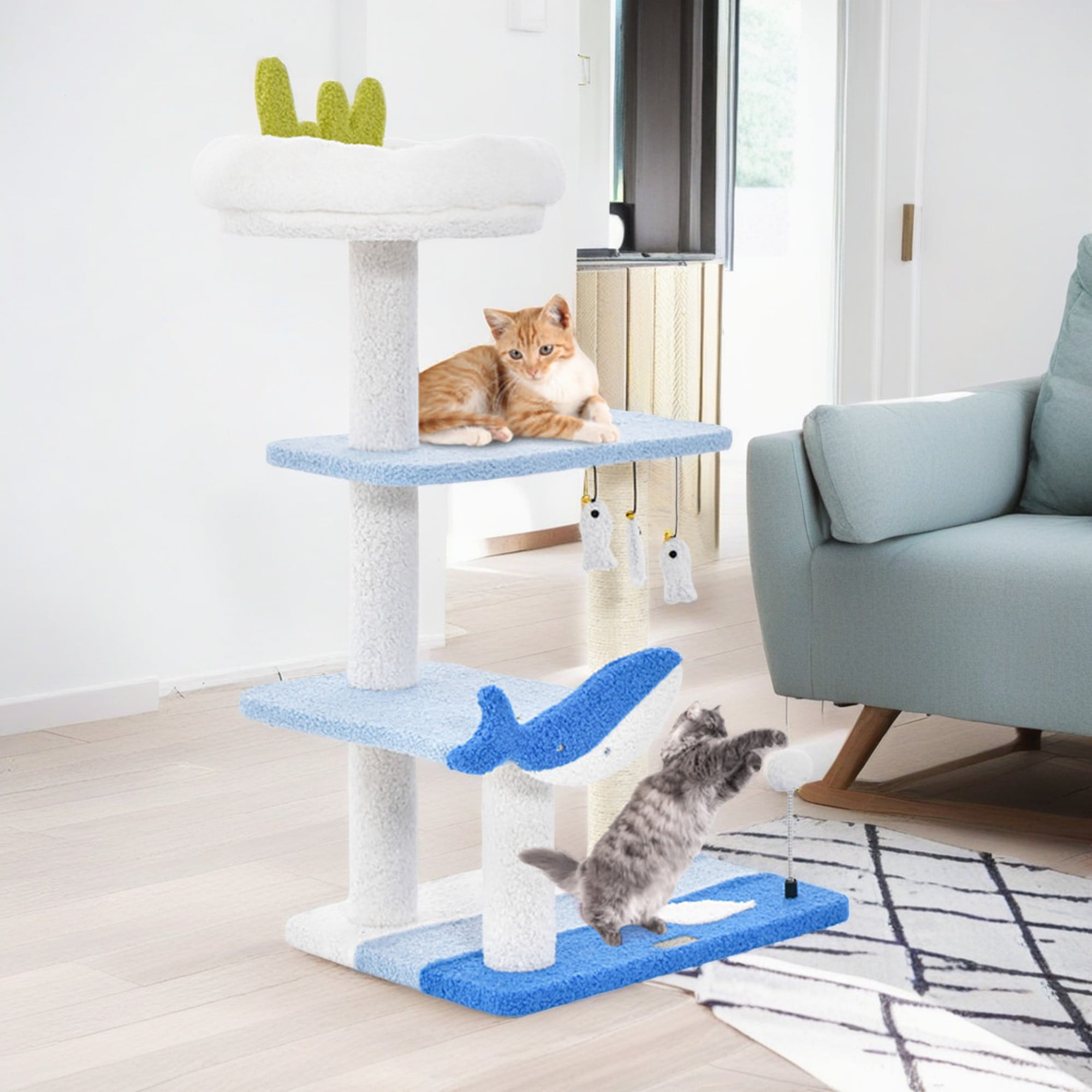 resenkos 34" Cute Cat Tree for Indoor Cats, Ocean World Cat Tower with Sisal Scratching Posts, Plush Perches, Kitten Cat Tree Tower Activity Center, Blue